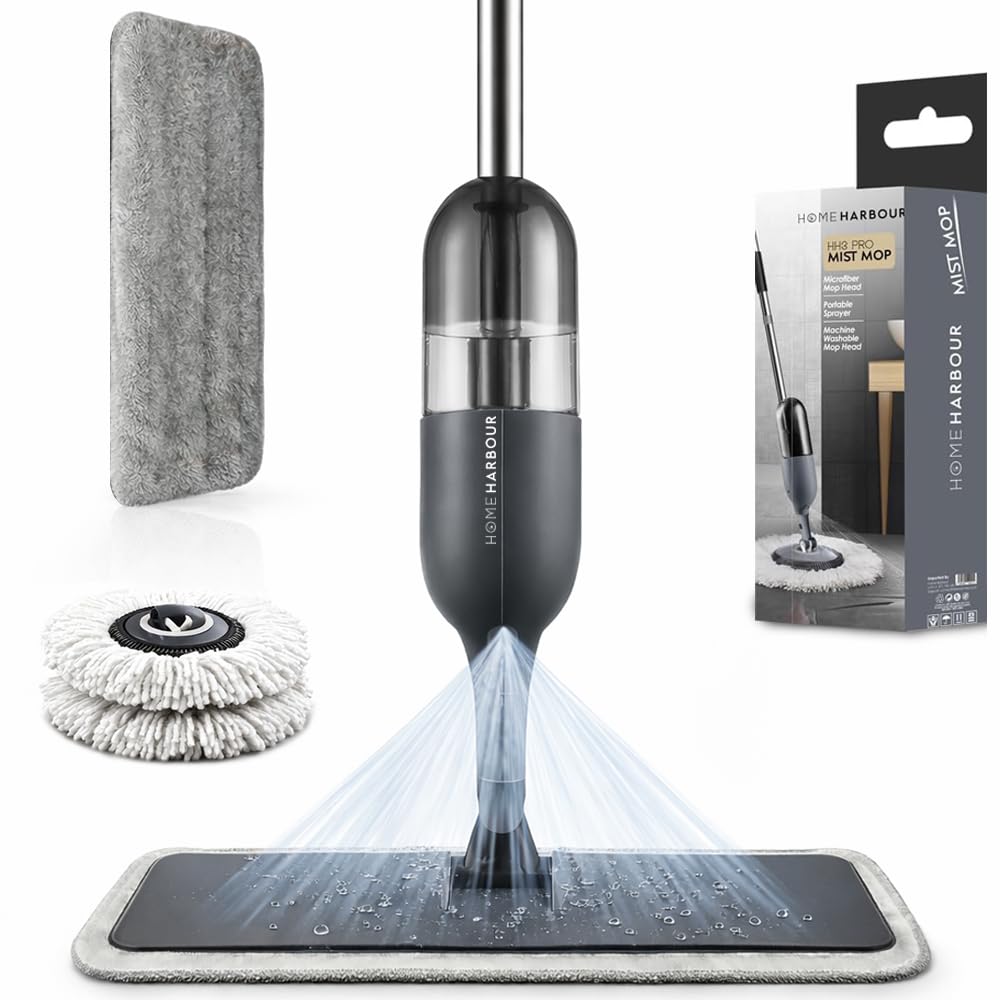 Home Harbour Grey Hh3 Pro Mist Mop | 360° Pivoting Spray Mop For Floors With Refillable 420Ml Tank, Flat & Round Head, Microfibre Pads & Window Cleaner Attachment | All-In-One Floor & Glass Cleaning Kit