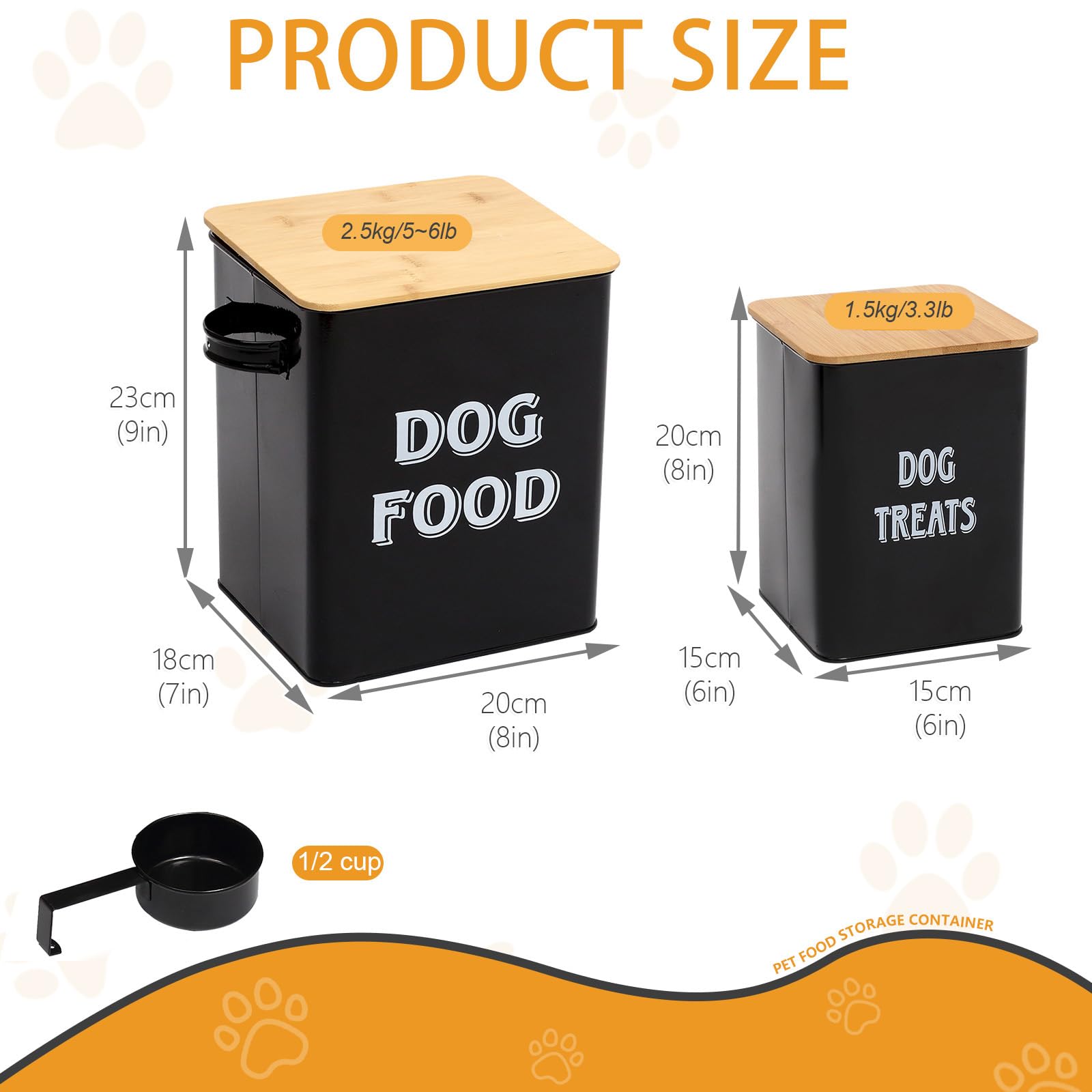 Pethiy Boîtes pour Nourriture et friandises Animaux -Conteneur Croquette Chiens -Couvercles en Bois hermétiques -Acier Carbone revêtu - 2.5KG+1.5KG Nourriture Boîtes de Rangement-Noir