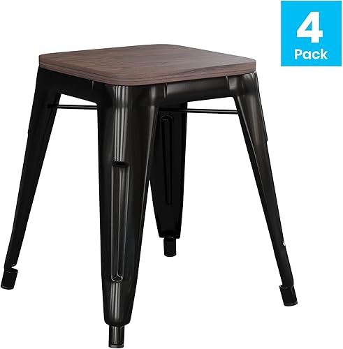 Miniatura 4 de Flash Furniture Juego de 4 taburetes de metal con asiento de madera, taburete Kai de grado comercial negro sin espalda, sillas de comedor apilables