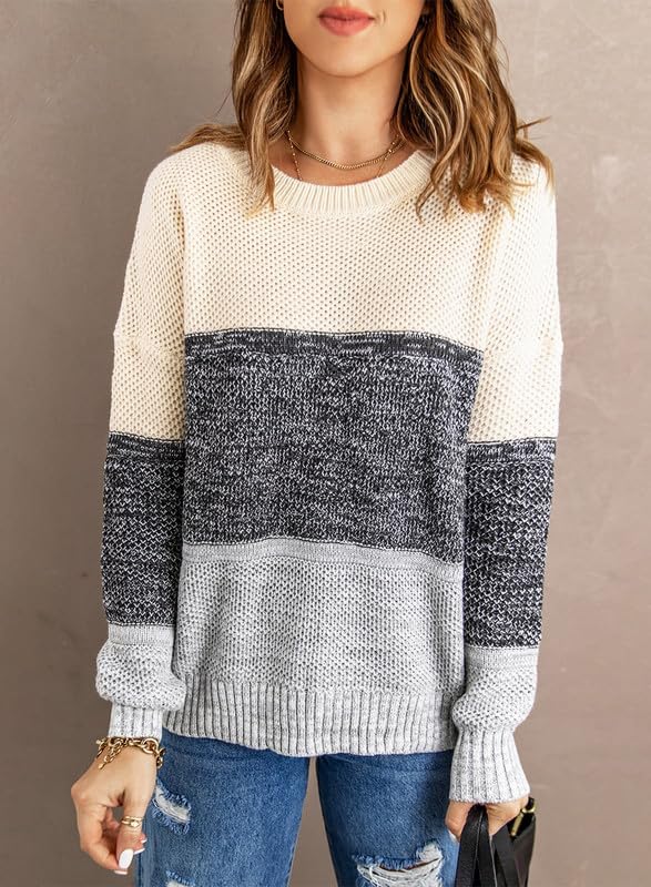Image of Dokotoo Womens Color Block Sweaters Long Sleeve Pullover Knit Tops