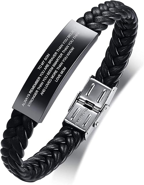 PJ JEWELLERY Son Gifts Personalised Mens Bracelets Engraved Always Remember You are Braver Leather Bracelet to Son from Mom Dad Graduation Inspirational Jewellery 18th Birthday Gifts for Boys