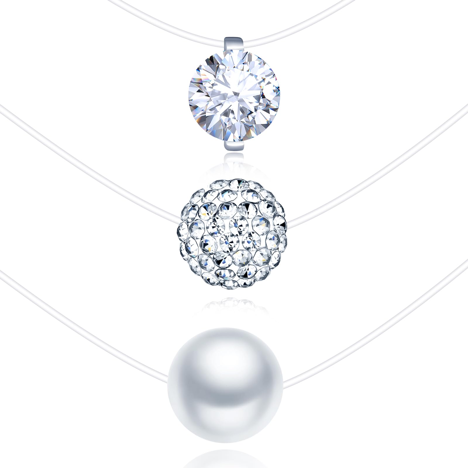 3 Pièces Collier Solitaire Femme Ras du Cou Pendentif Perle/Boule de Cristal/Zircone Ronde, Fermeture en Argent 925, Colliers Invisible Nylon Transparent Bijoux pour Femmes et Filles