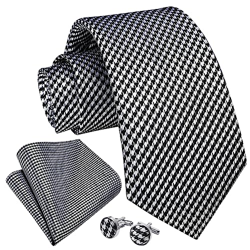 Image of Enlision Mens Ties Stripe Tie and Pocket Square Set Classic Formal Woven Neckties Handkerchief Cufflinks Wedding