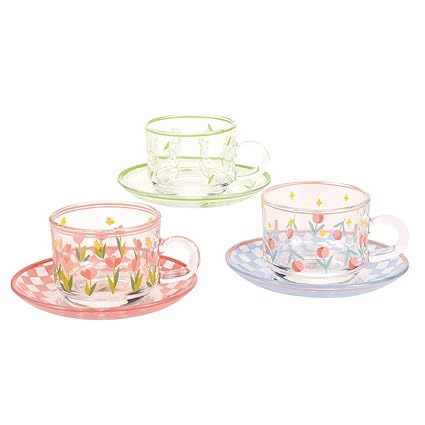 Koythin 3 Pieces Cute Coffee Mugs with Saucer Set, Creative Transparent Mug Novelty Cup Unique Design Glass Cups for Office and Home, 6 oz/180 ml for Latte Tea Milk (Purple Green Pink Flowers)