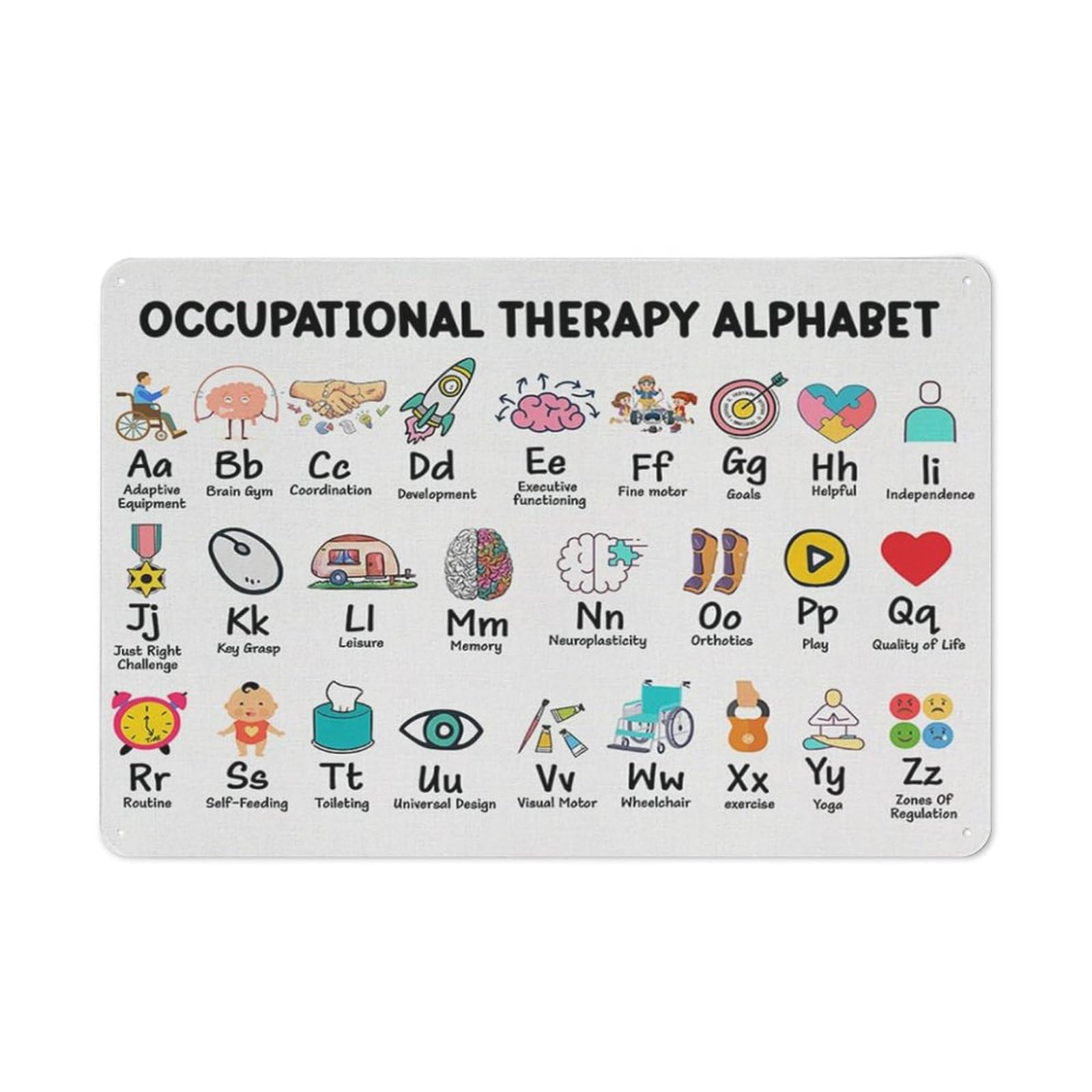 Rustic Metal Tin Sign, Occupational Therapy Alphabet Wall Art, Therapy Office Home Decor 12x8 Inch