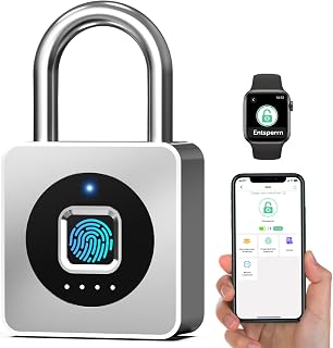 Smart Fingerabdruck Vorhängeschloss für Spinde, mit Bluetooth-App, IP65 wasserdicht, schlüsselloses Edelstahl-Schloss für Außenbereiche, Zäune, Tore, Schulen, Koffer, Schuppen & Garagen-Silber