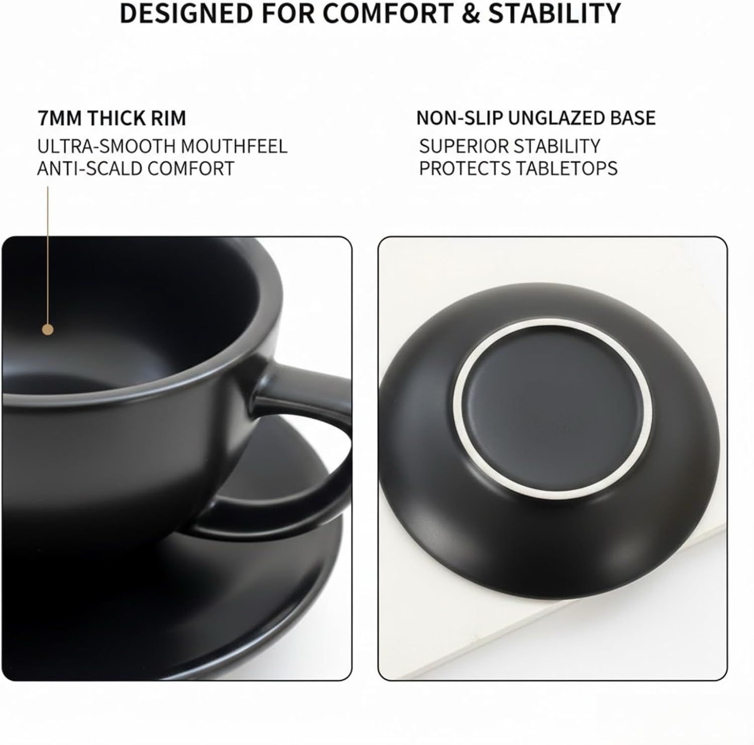 Ceramic Latte Mug, 10.82oz Barista Cup with Saucer, 7mm Thickened Rim Ceramic Cappuccino Cup, Vintage Latte Art Mug for Home & Café (Quiet Black)