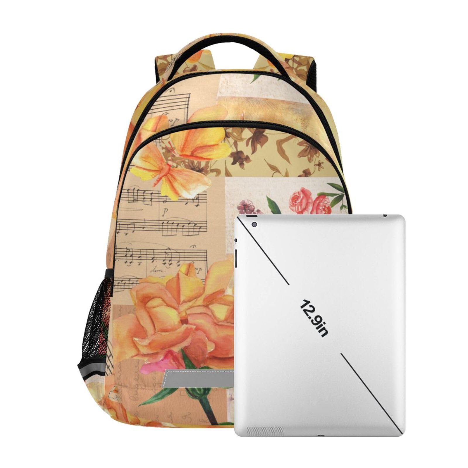 Vintage Rosen Schmetterlinge Notenrucksack für Kinder Schultasche Studenten Jungen Mädchen Büchertasche Elementar Reiserucksack Tagesrucksack Laptoptasche, gelb, 29.5x17.5x42.5cm