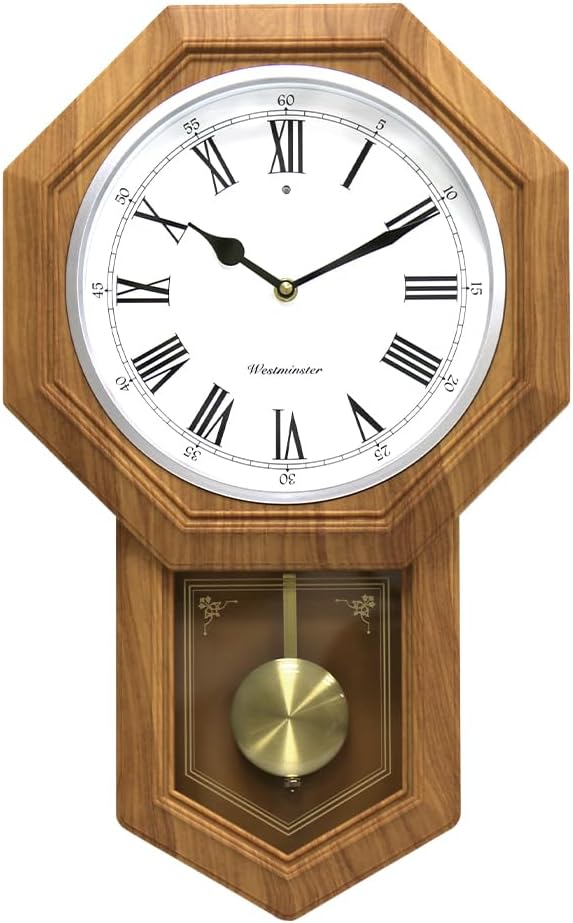 BESTIME 66236A Plastic Pendulum Clock Wood Grain Color.Sturdy Frame.Westminster Chime Every Hour,Elegant,Traditional Schoolhouse,Home,Office,Living Room,Bedroom.