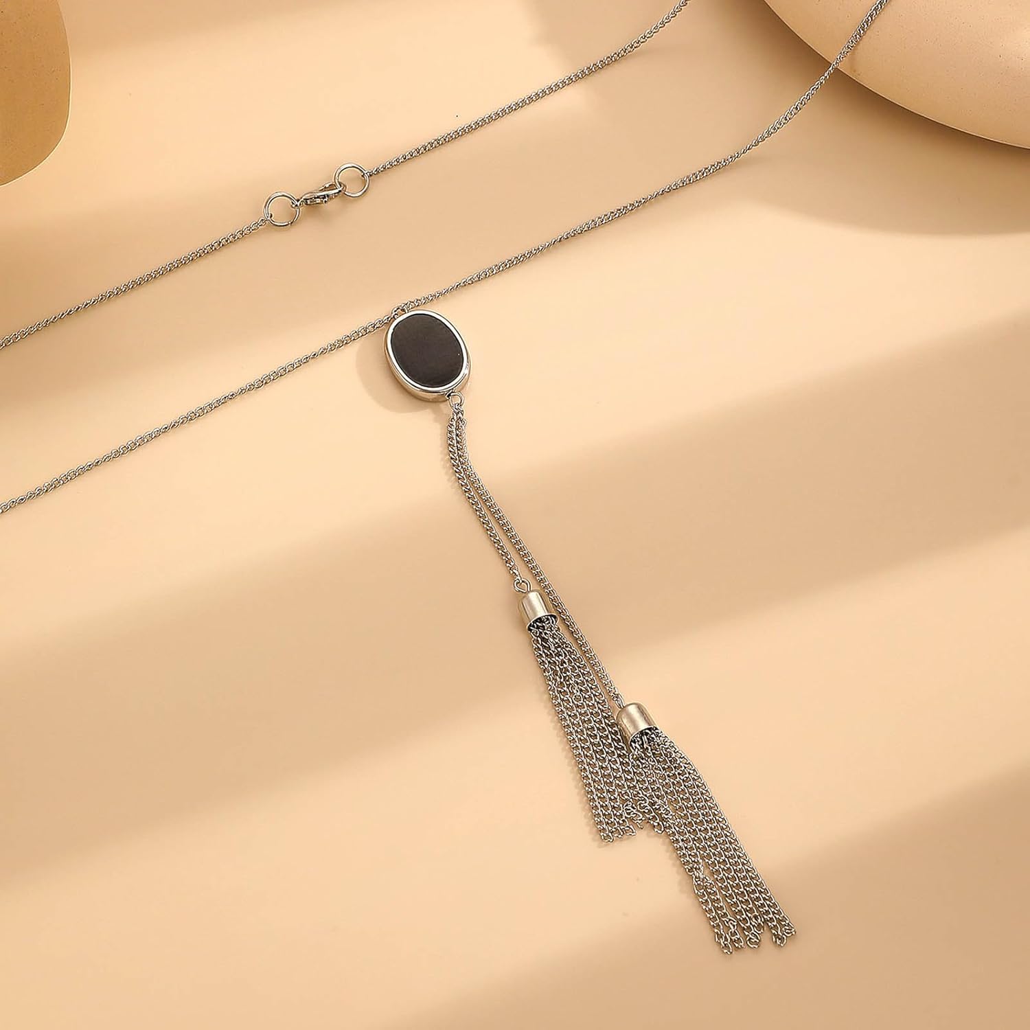 Bohemian Long Tassel Chain Necklace Silver Sweater Drop Y Necklace Statement Sweater Pendant Necklaces Black Oval Onyx Necklaces Jewelry for Women - Image 7