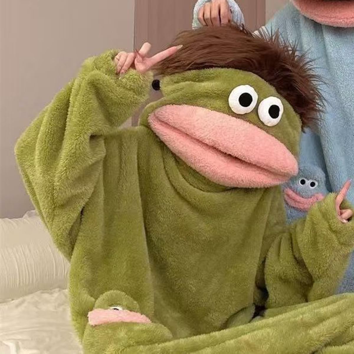 EHOTER Silly Combinaison pyjama unisexe à capuche en peluche ultra douce pour adulte - Vêtement d'intérieur vert - Monstre amusant à grande bouche - Vêtement d'intérieur pour soirées cinéma, famille