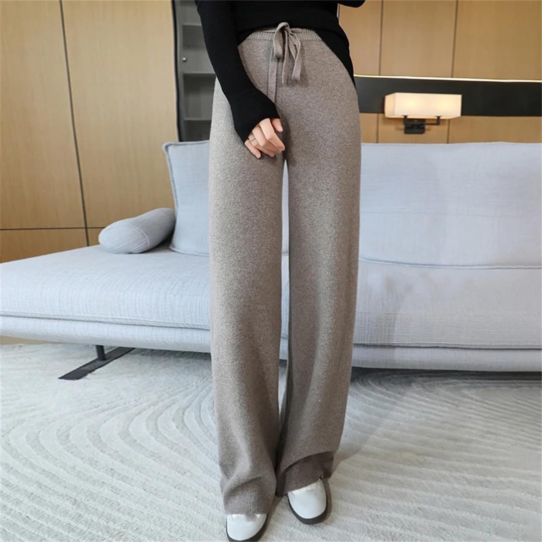 Pantaloni invernali da donna in lana lavorata a maglia, a gamba larga, a vita alta e pantaloni larghi in lana, Beige, M