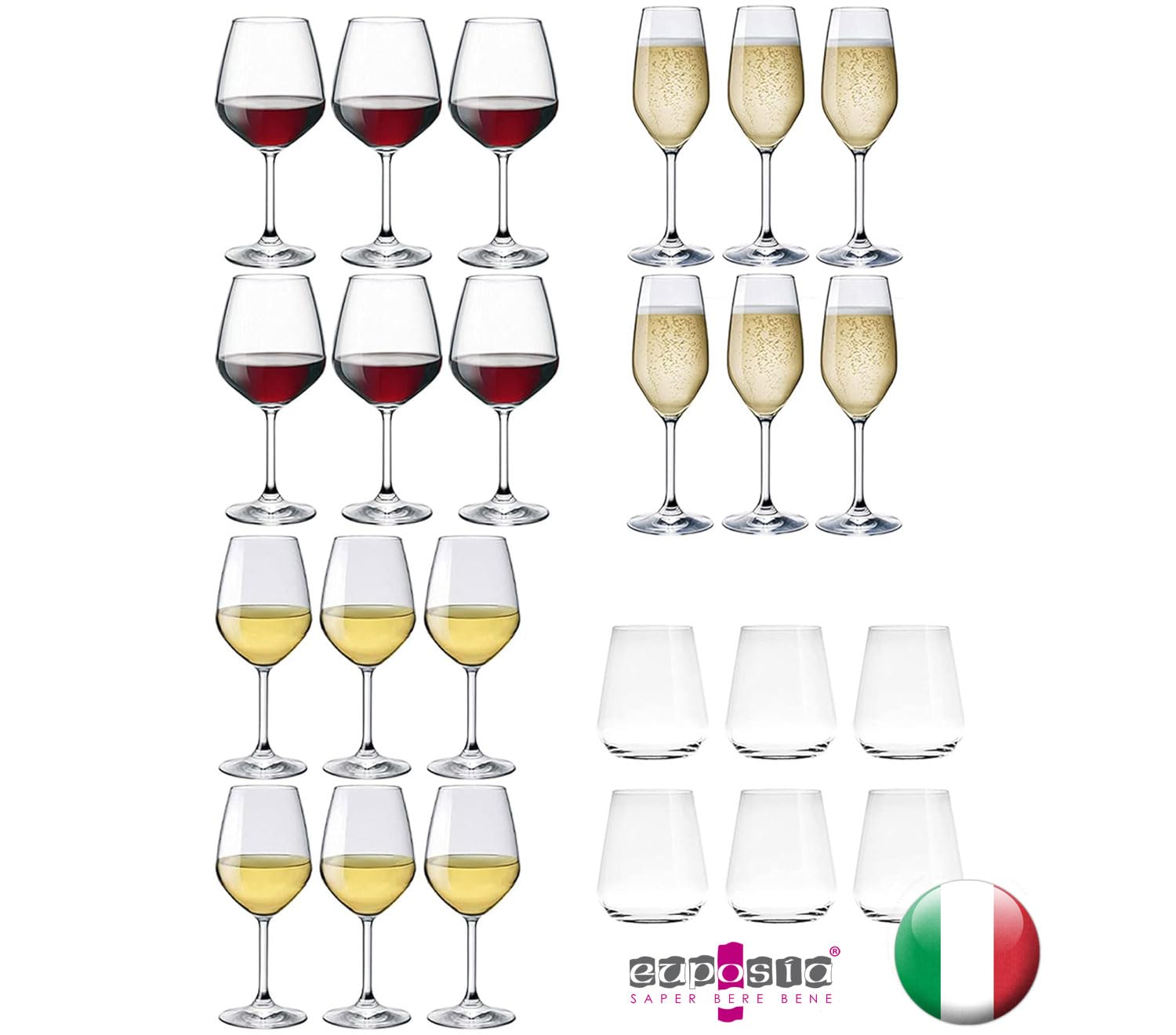 Servicio para 6 personas, 24 piezas, juego completo, copas de vino blanco 44 cl., copas de vino tinto 53 cl., copas de vino tinto de 53 cl., copas de champán de 24 cl., vasos de agua 35 cl.