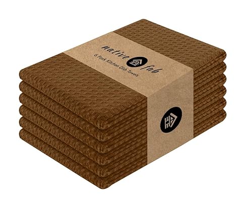 Native Fab Cotton Kitchen Towel with Hanging Loop 16x26 inches, 6-Pack, Waffle Weave Kitchen Towels for Cleaning Drying, Washcloths Soft & Absorbent Cloth Rags, Bar Towel, Dish Cloth, Brown