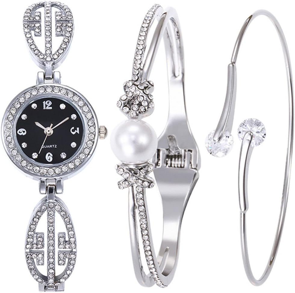 Women's Lady Rhinestone Bangle Watch and Bracelet Set Silver and Black