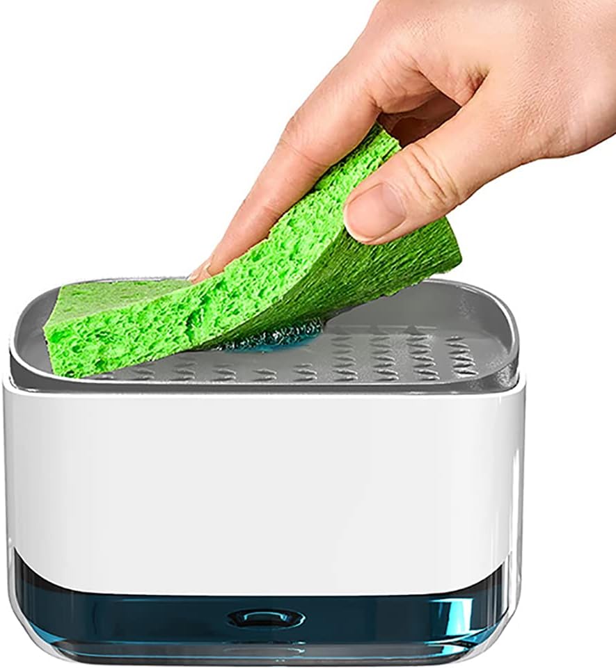 AngjuKitchen Dish Soap Dispenser with Sponge Holder, 2021 Newest 2-in-1 Countertop Soap Pump Dispenser, for Kitchen Sink Dishwashing Soap Dispenser - 350ml