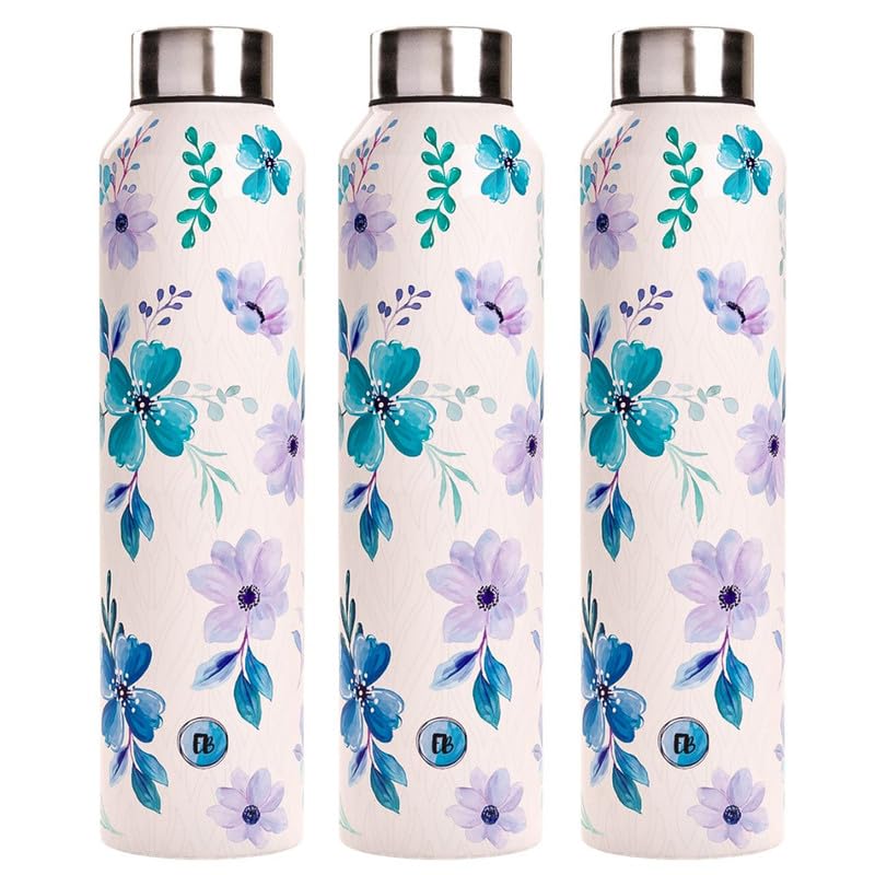 Stainless Steel Water Bottle 1 Litre Pack of 3 Bottles For Office Home School Fridge Gym Refrigerator, Suitable For Adults Kids Boys & Girls (1L, White Flower)