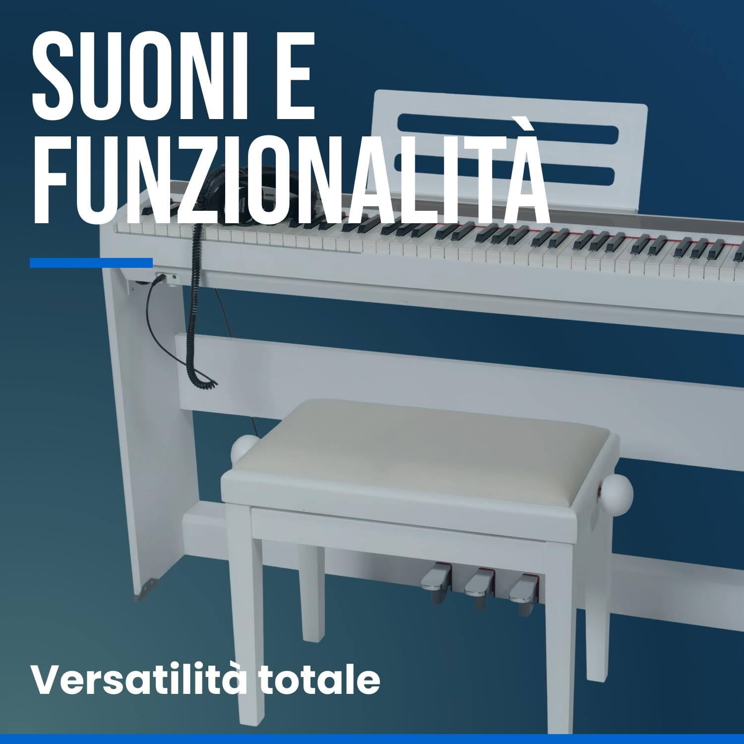 Woodbrass XP2 - Pianoforte digitale portatile bianco Bluetooth – Tastiera realistica a 88 tasti – 189 polifonie, 12 suoni – pianoforte ideale per iniziare e perfezionare