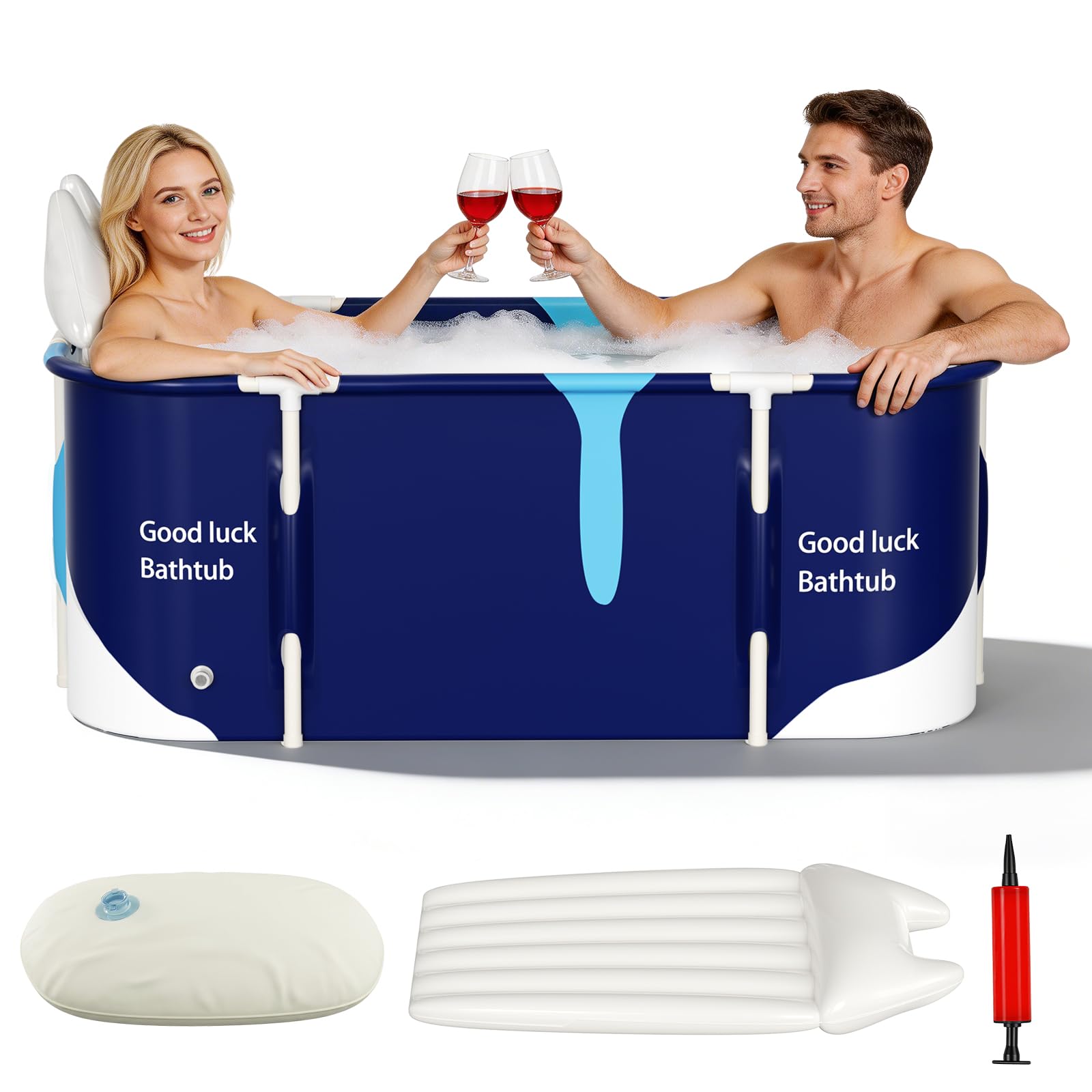 Bañera plegable portátil para adultos, estructura compuesta de 5 capas, marco de metal estable, doble orificio de drenaje, cojín de asiento y respaldo para baño caliente, baño de hielo, 114 x 62 x 49