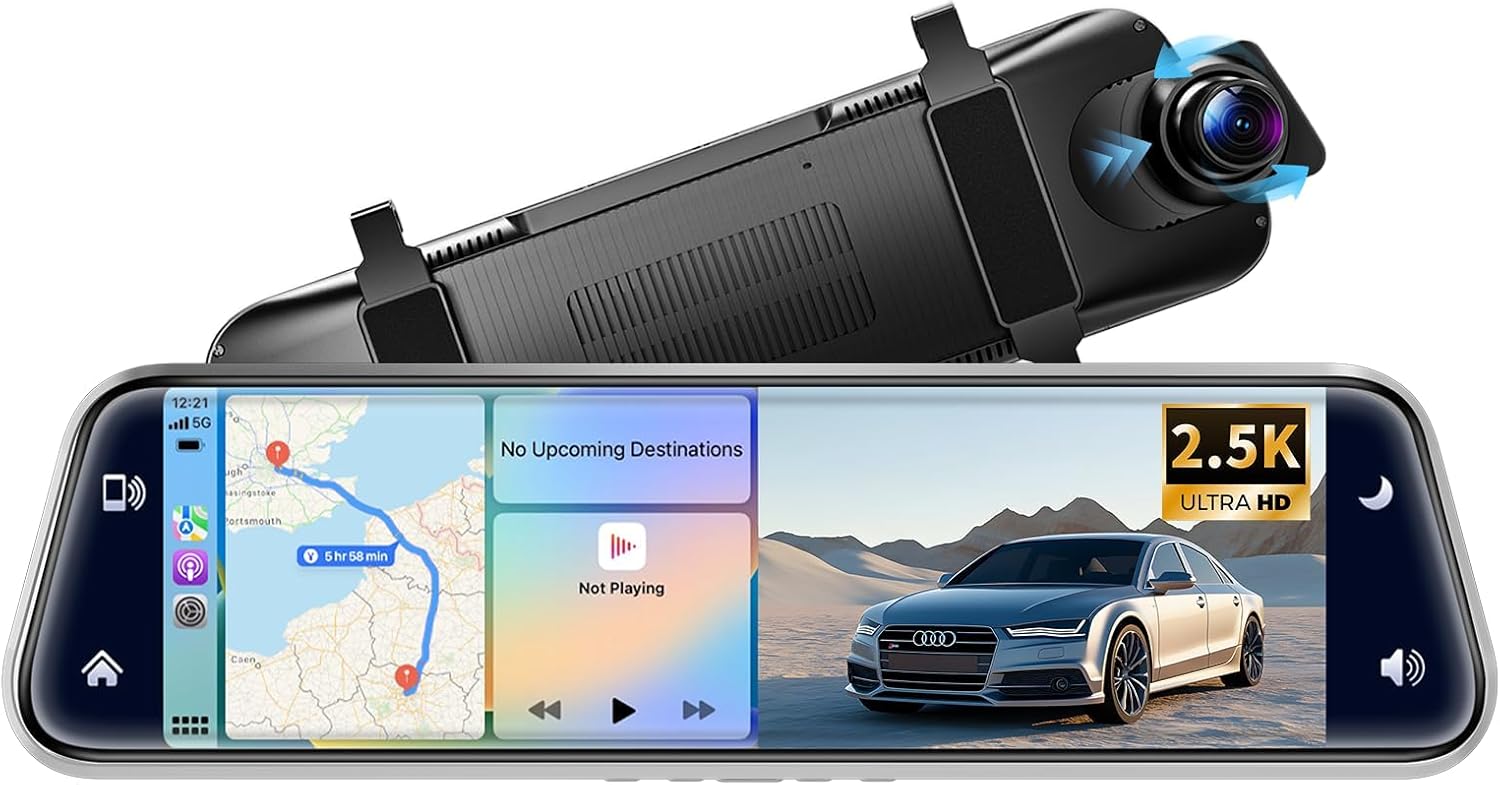 10″ 2.5K Mirror Dash Cam Backup Camera, Android Auto & Carplay Smart Rear View Mirror for Car, 1080p 24h Recording, Front and Rear Dual Dash Cam Wireless, Parking Assistance, Night Vision, 64GB Card