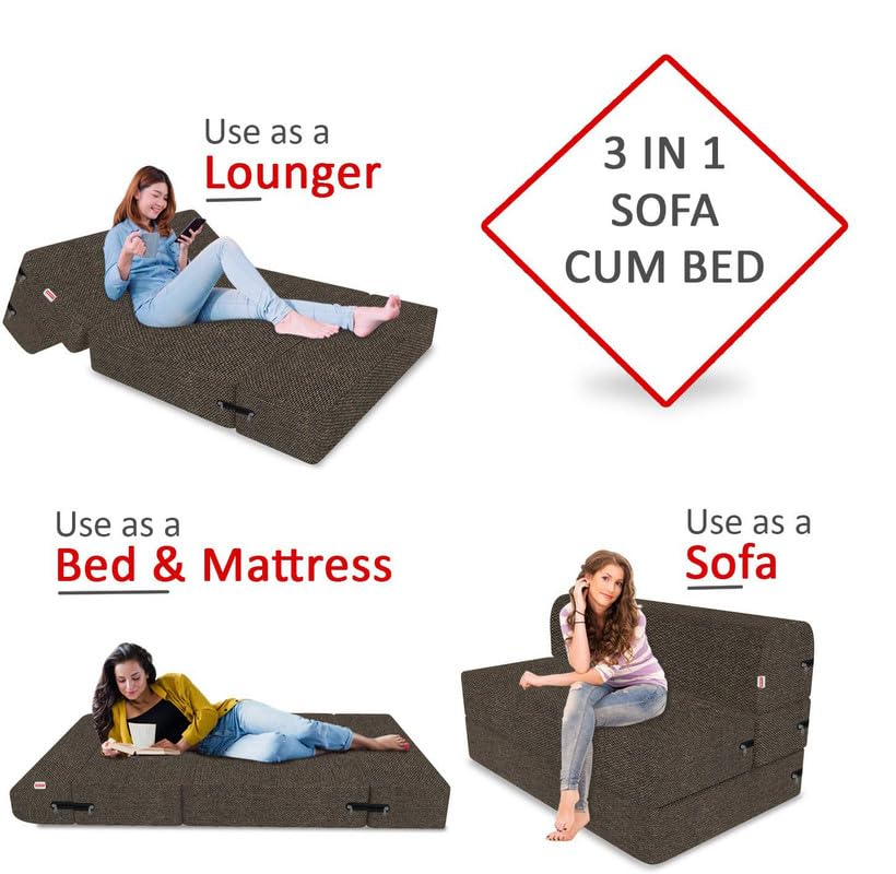 Image of Coirfit 3 Seater Folding Sofa Cum Bed - Jute Fabric Washable Cover with Free Cushions - Brown - 6' x 6' Feet - Perfect for Guests