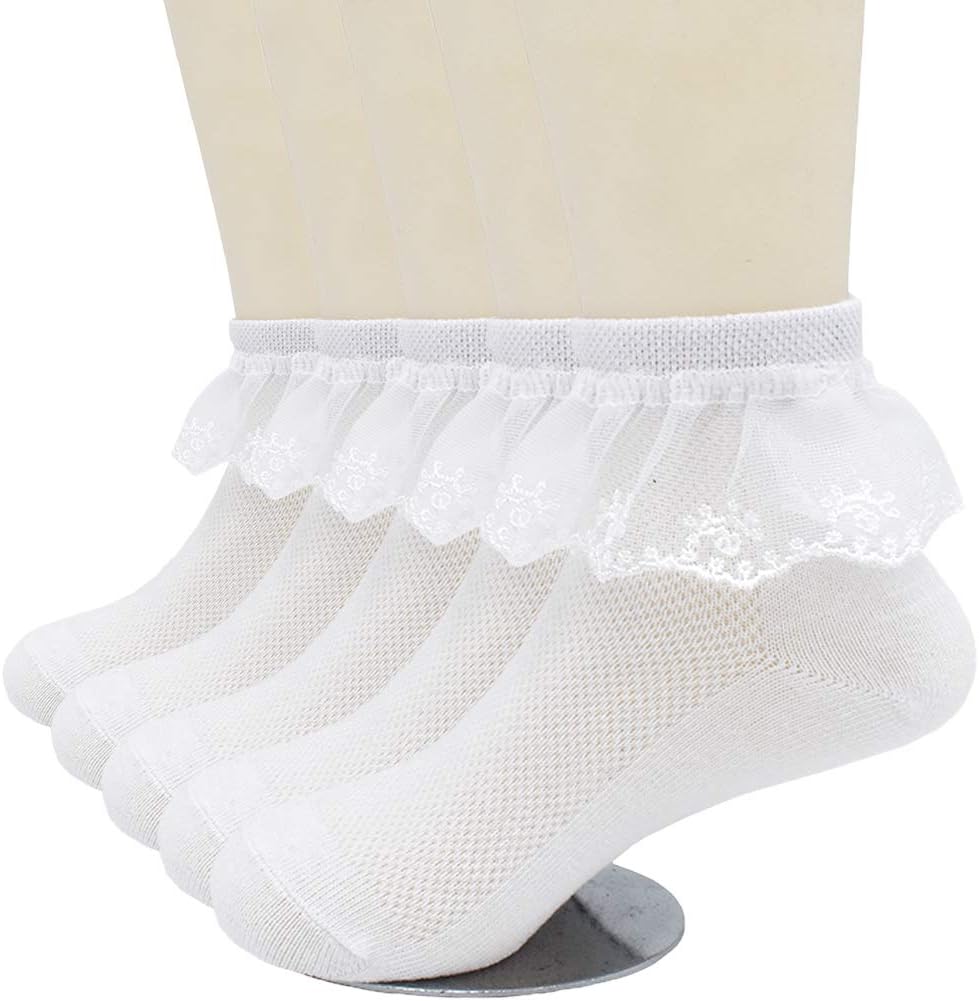 CeeDeek Lace Socks for Girls Socks Dress Socks White Princess Socks Packs of 5