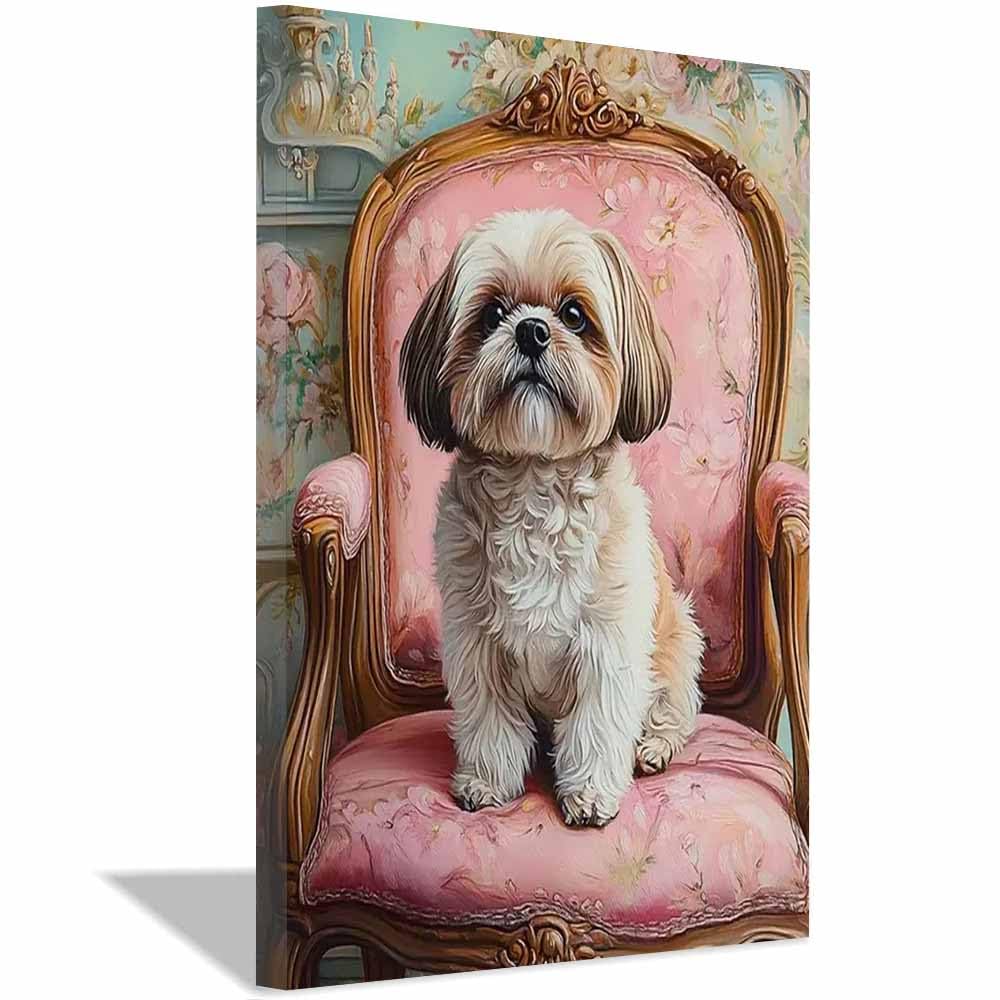 QUSAAOU Shih Tzu wydruki ścienne na krześle vintage różowe malowidła, plakaty wydruki nowoczesne odpowiednie do sypialni salonów kuchni, mebli, biura wystrój domu (biały) - 70 x 100 cm 1 oprawione