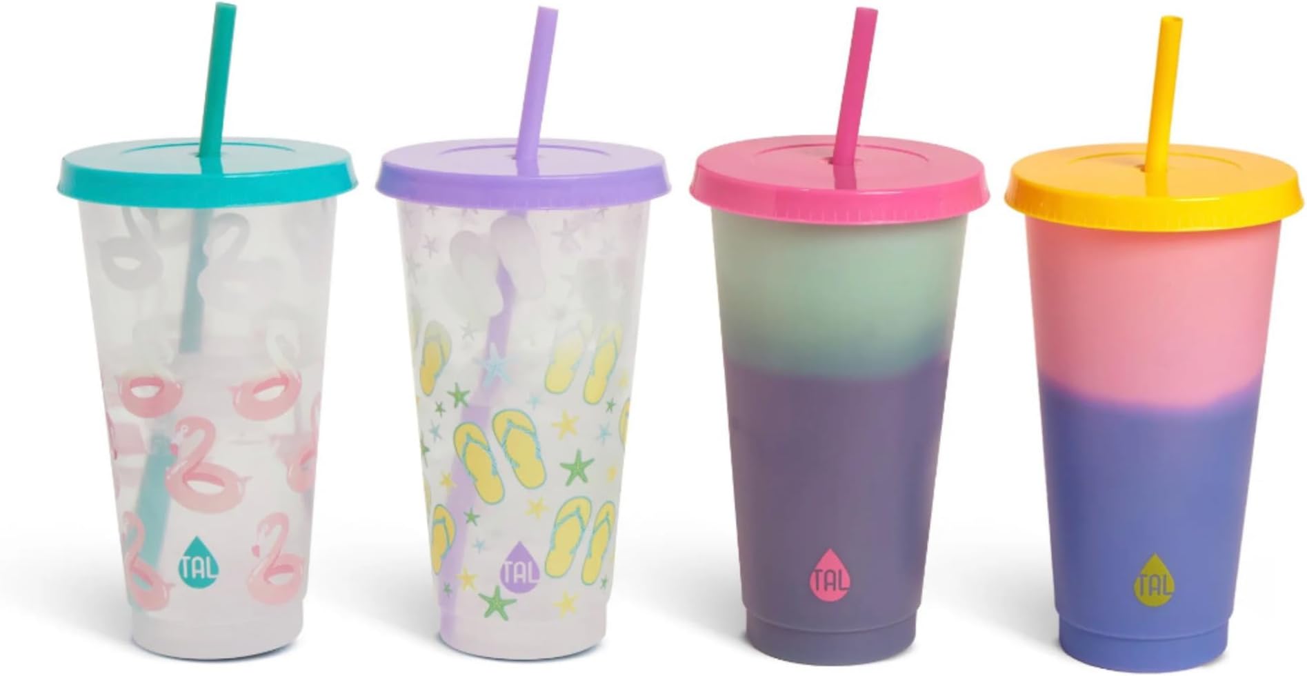 Tal Color Changing Cups 24oz 4-pack, Solid Summer Fun Colors with Lid and Reusable Straws (Summer Prints)
