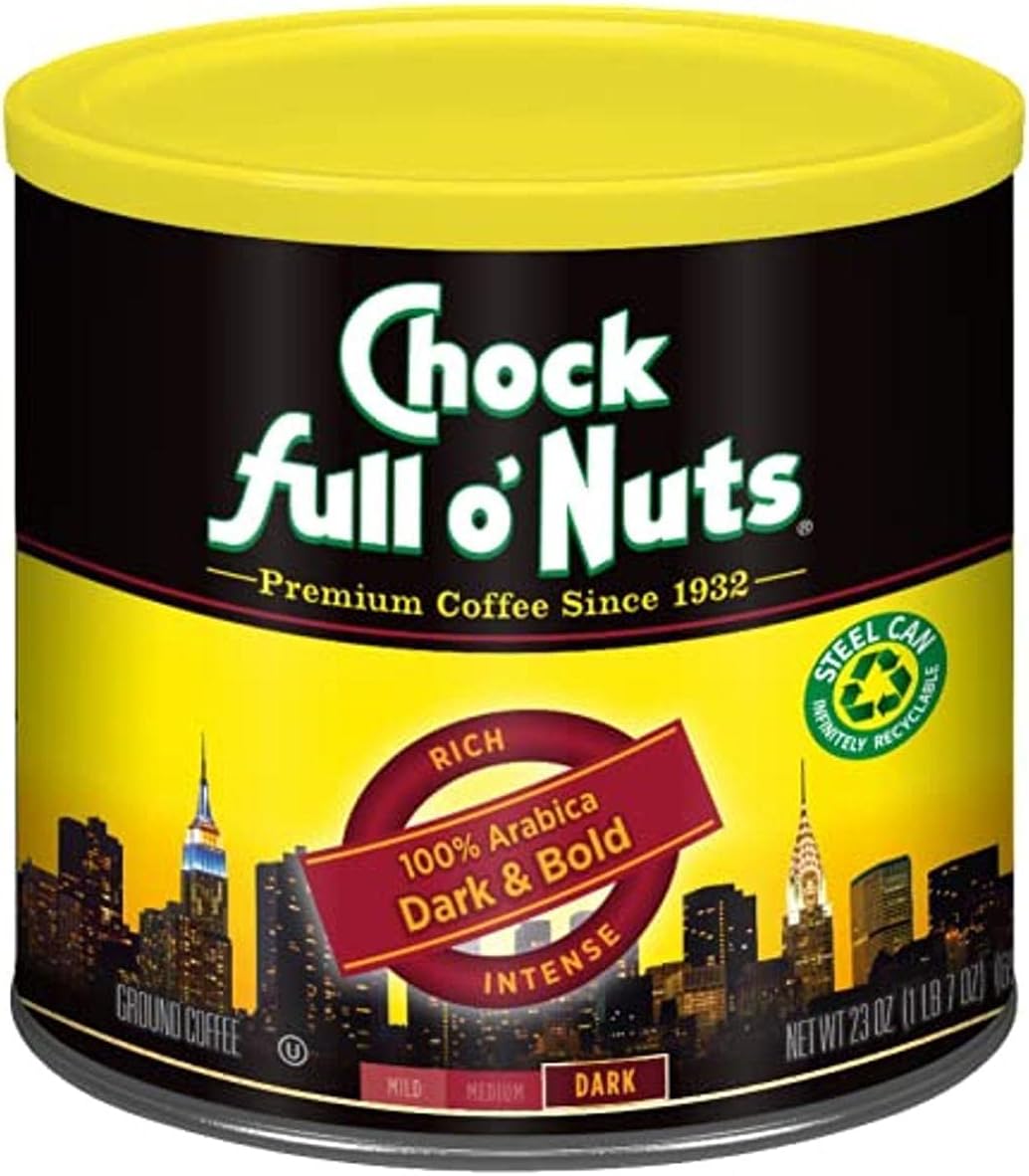 Chock Full o' Nuts Dark & Bold Ground Coffee – Premium Beans in Recyclable Steel Can – Rich Flavor & Aroma, Dark Roast – Perfect for Drip, Pour-Over, Percolator – 23 Oz Can