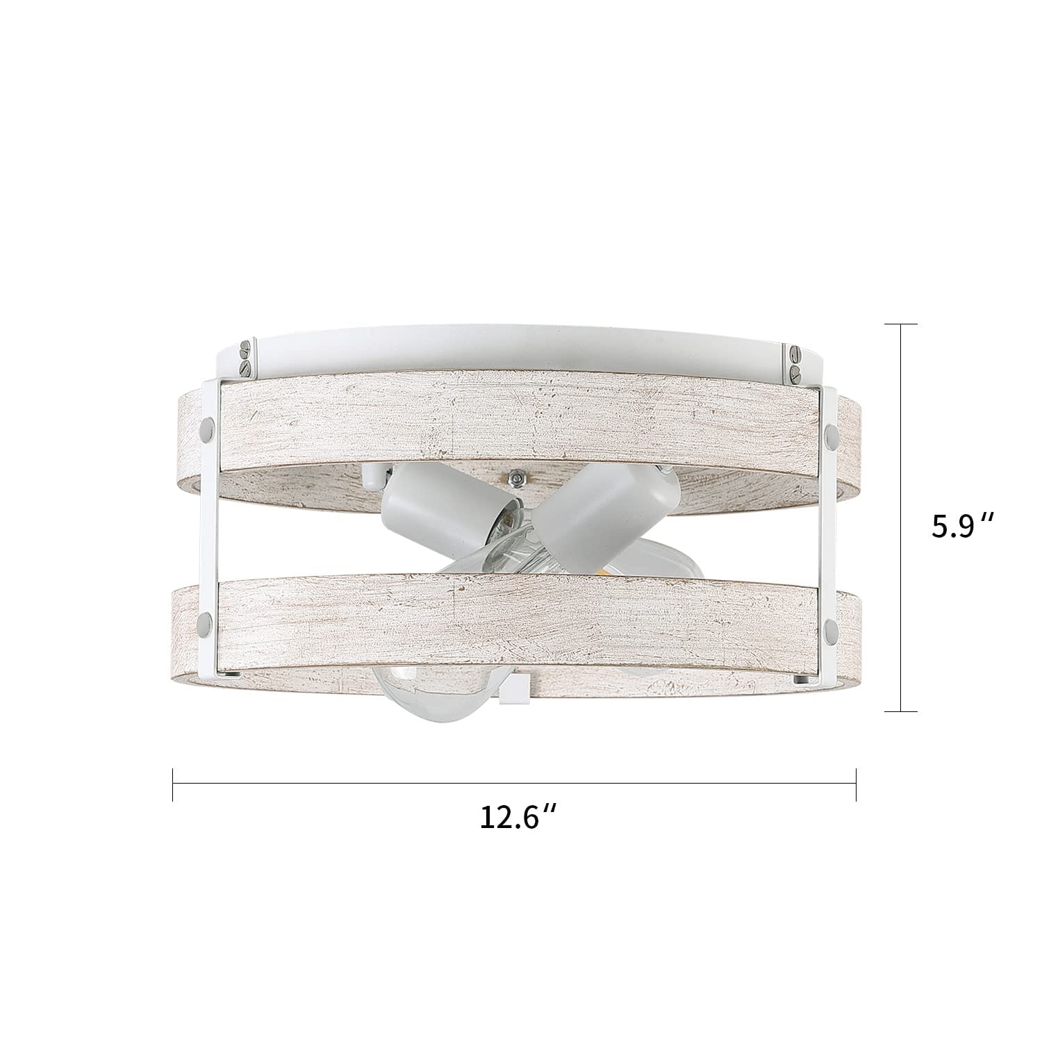 Modern Farmhouse ?Antique White Distressed Flush Mount Light Fixture 2-Light Wood Drum Semi Flush Mount Ceiling Light for Hallway Bedroom Kitchen Entryway Farmhouse