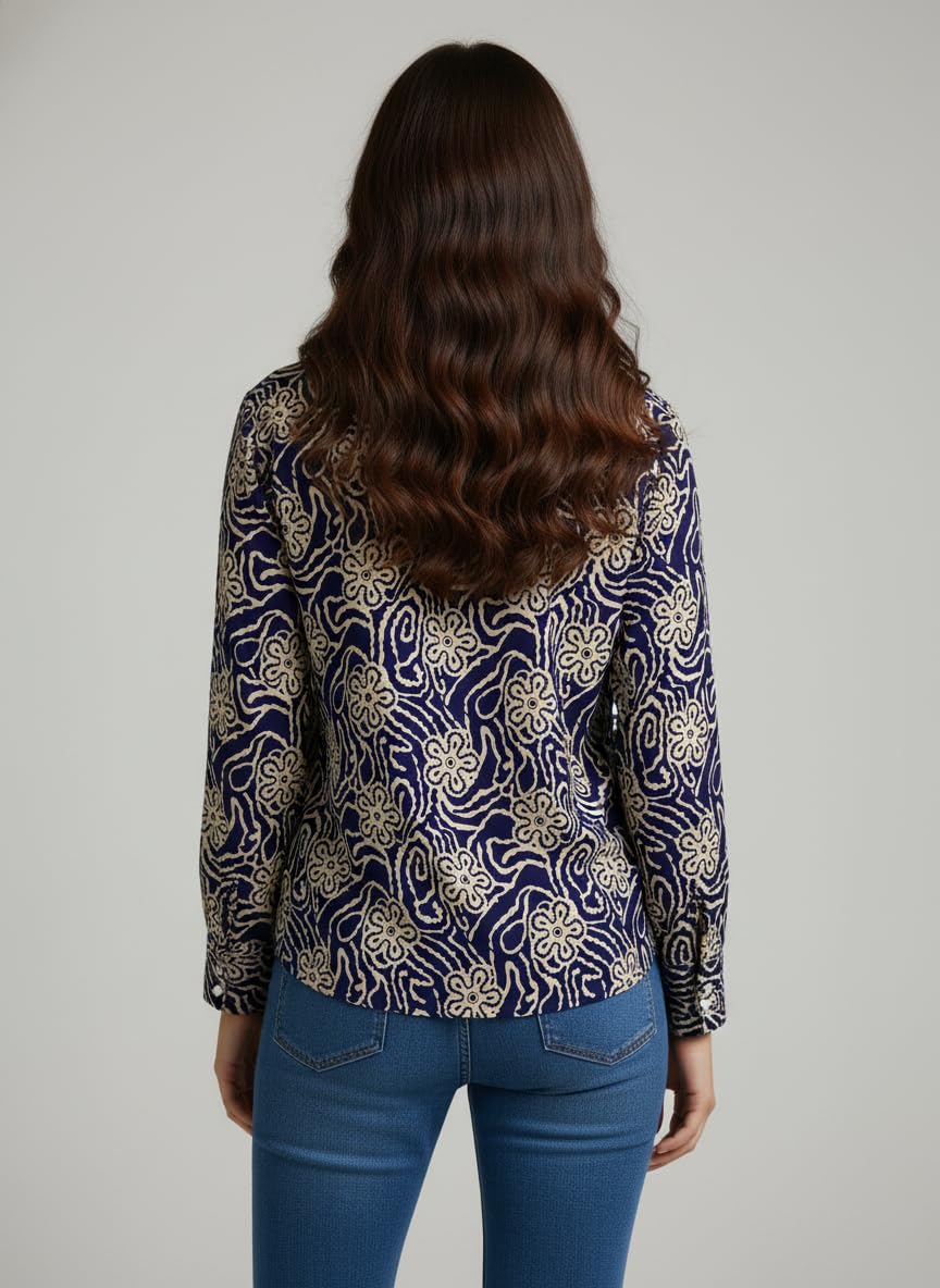 ANNI Designer Bedrucktes Damenhemd aus Baumwollmischgewebe, langärmelig, normale Passform, Hemdkragen, legere Bürokleidung, elegante Western-Kleidung für den Alltag, Hochzeit, Party