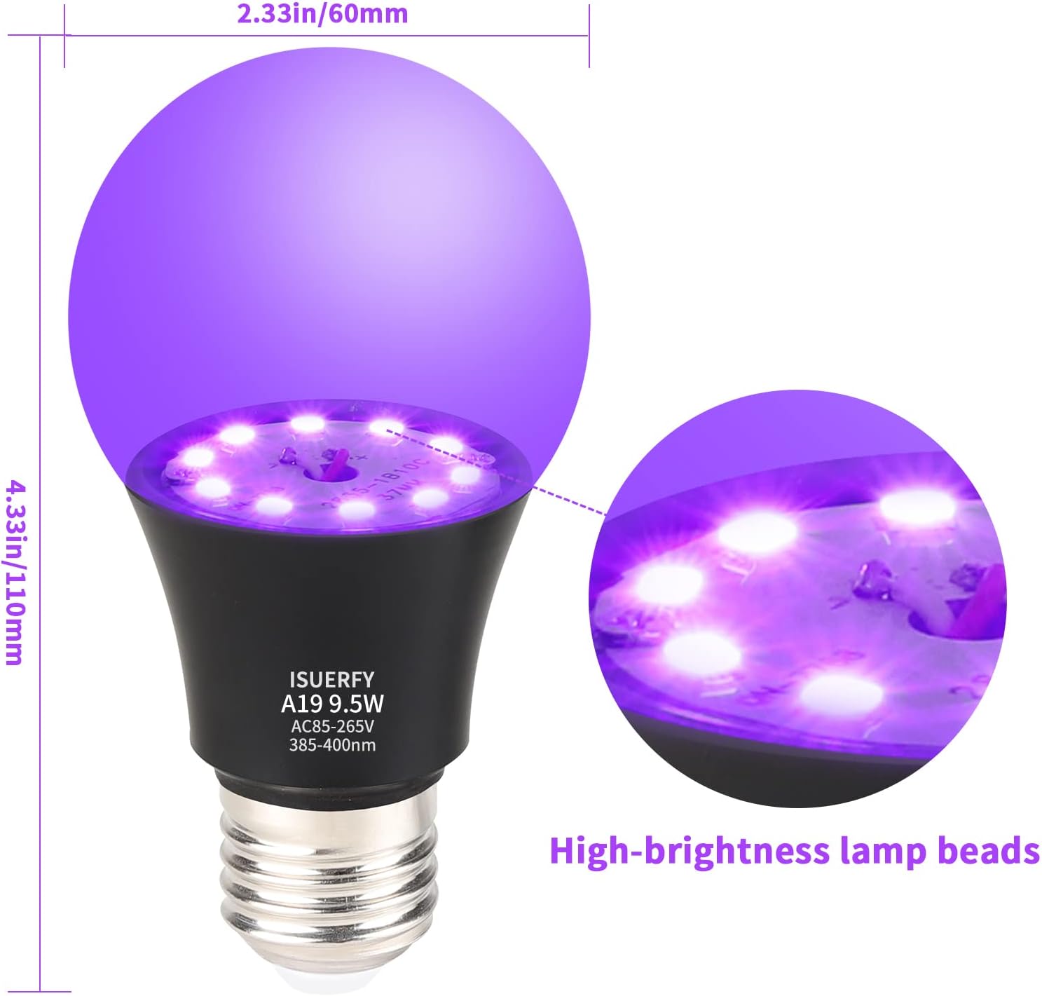 Diagram showing the dimensions of the ISUERFY A19 Black Light Bulb and a close-up of its high-brightness lamp perle.
