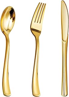 500PCS Gold Plastic Silverware, Heavy Duty Gold Silverware Disposable, Plastic Gold Dinnerware Set of 200 Gold Forks, 150 Gold Spoons, 150 Gold Knives for Weddings, Parties Plastic Utensils