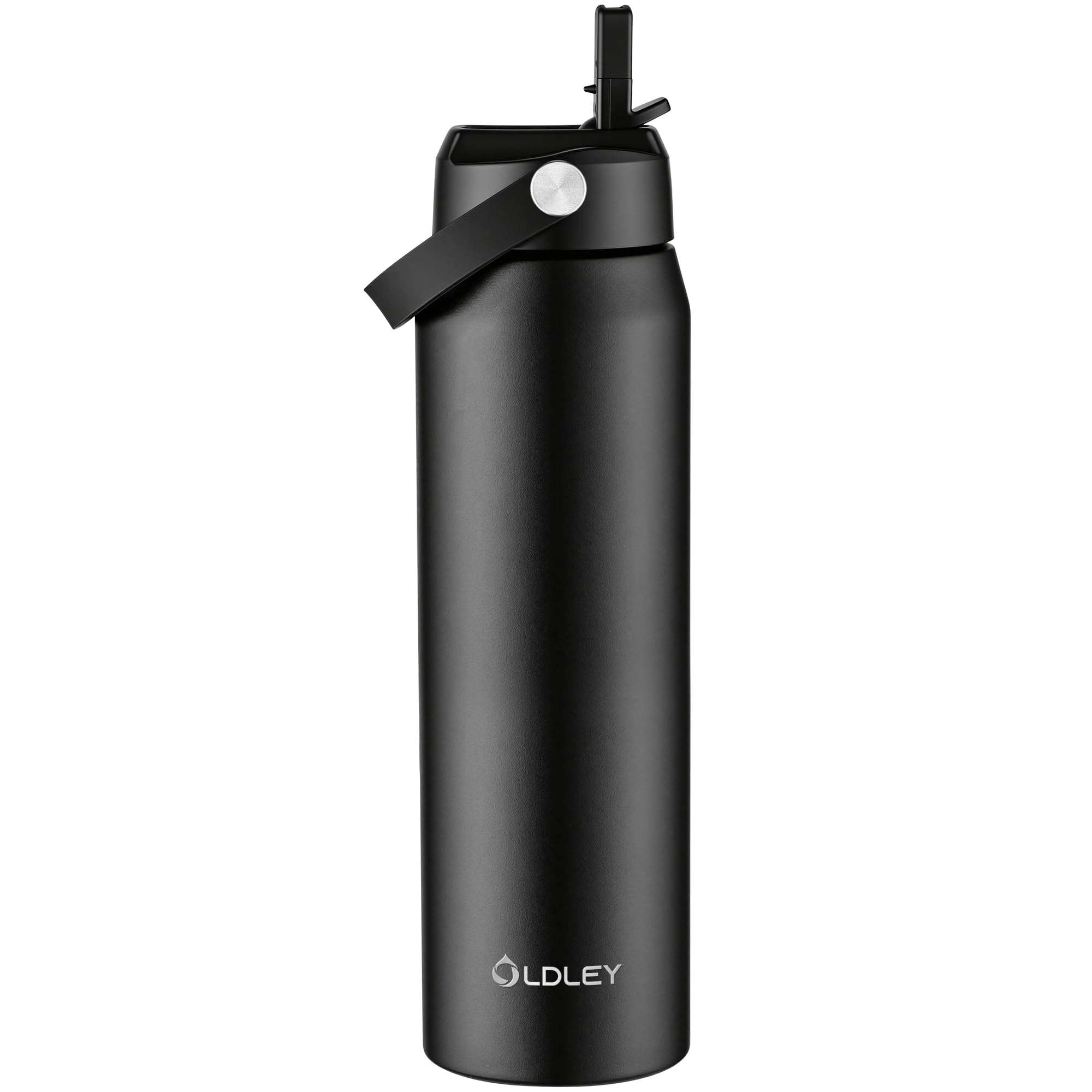 OLDLEY 1L Insulated Water Bottle with Straw, 1000ml Stainless Steel Water Bottles with Handle, Leakproof BPA Free Large Vacuum Metal Flask Keep Hot and Cold for Sports, Travel, Cycling (Black)