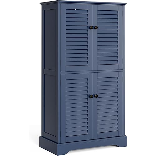 Storage Cabinet 43" with Stable Base, Classic Louvre Doors, Ajustable Shelf for Bathroom, Kitchen, Living Room 11.8"x 23.2" x 43.3", Vintage Blue