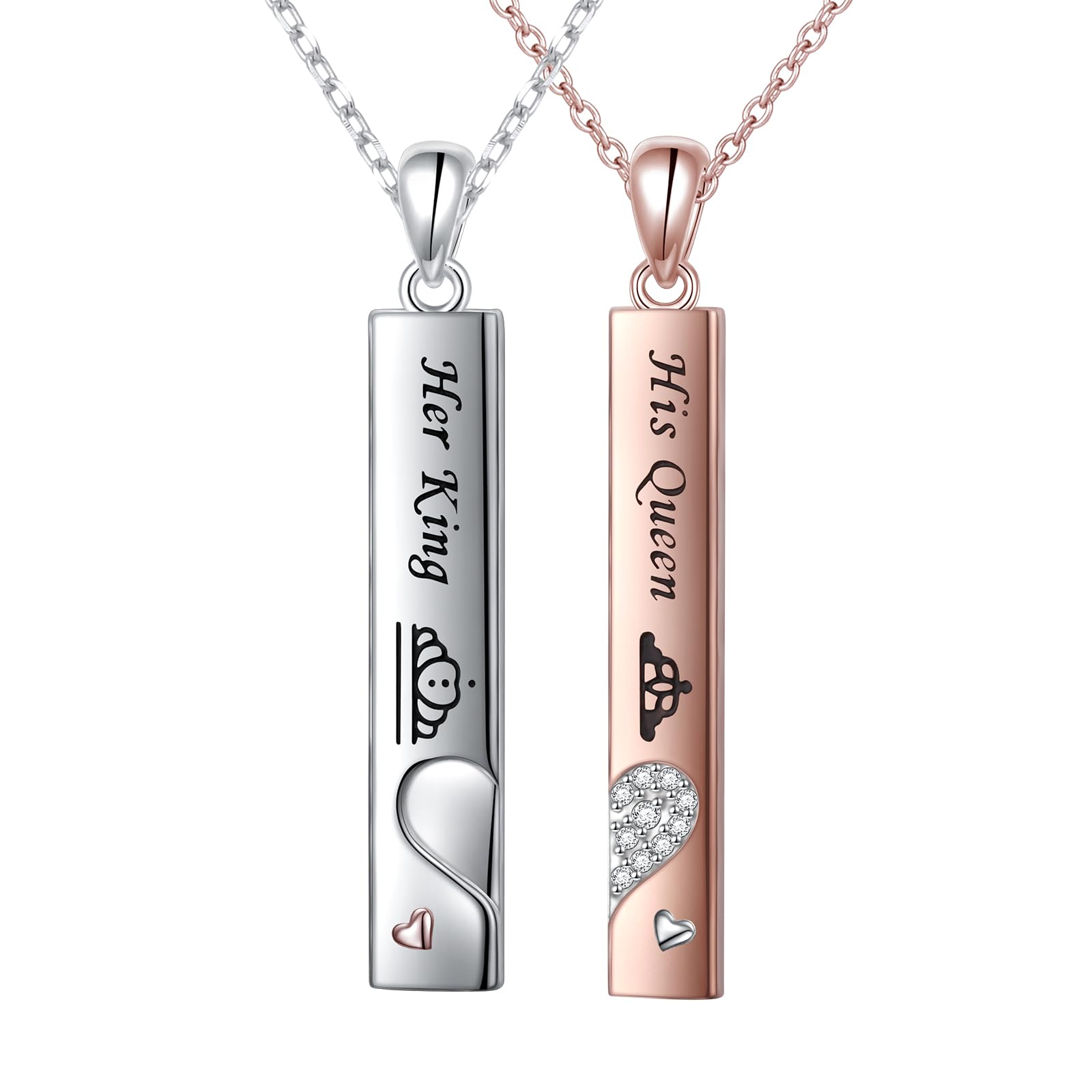 DAOSHANGCouple Necklace Set Sterling Silver Bar Matching Necklace for Couples Her King His Queen Rose Gold Necklaces Anniversary Romantic Gifts