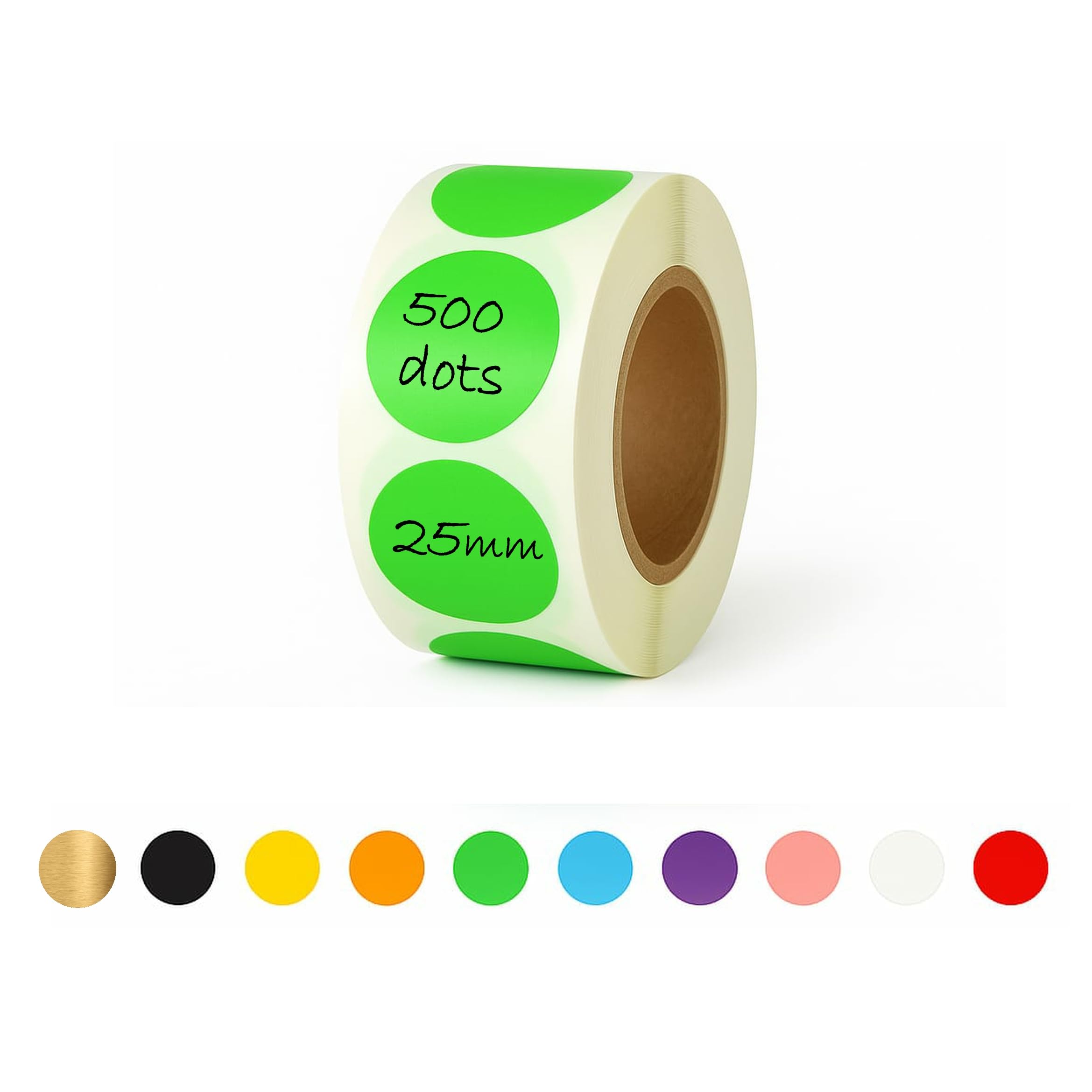 25mm Sticky Dots - 500 Round Coloured Dot Stickers, 10 Assorted Colours, Writable Semi Gloss Labels, Easy Peel Roll, Durable Circle Labels for Office, School Calendars, Crafts & Organisation (Green)