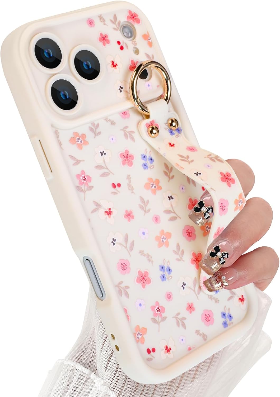 Compatible with iPhone 17 Pro Max Case with Finger Hand Wrist Strap for Girls Women, Cute Flowers Floral Phone Case with Wristband Kickstand, Durable Silicone Protective Cover, Floral