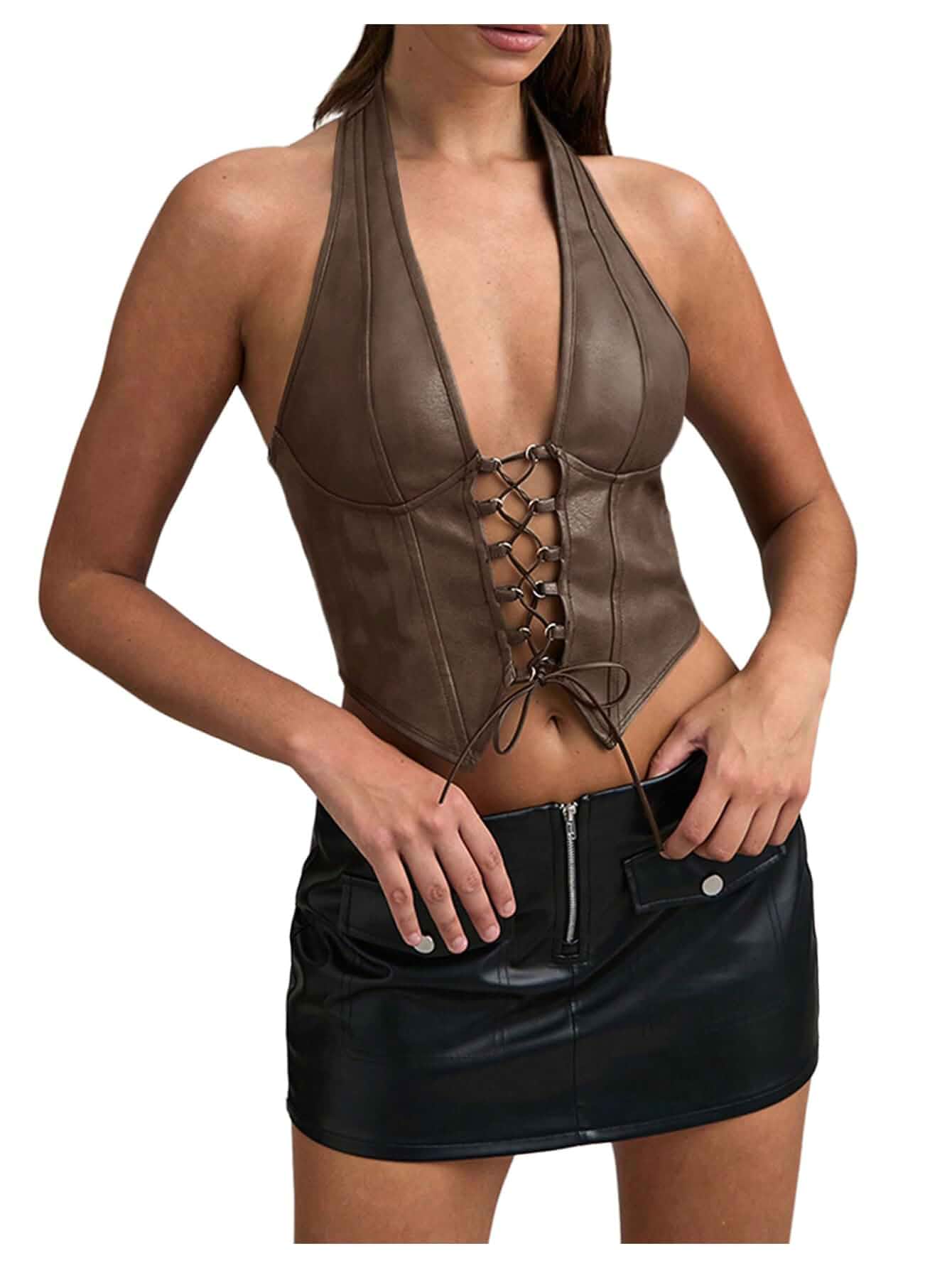 SOLY HUX Women's PU Leather Halter Top Lace Up Y2k Crop Tops | Sleeveless, Backless