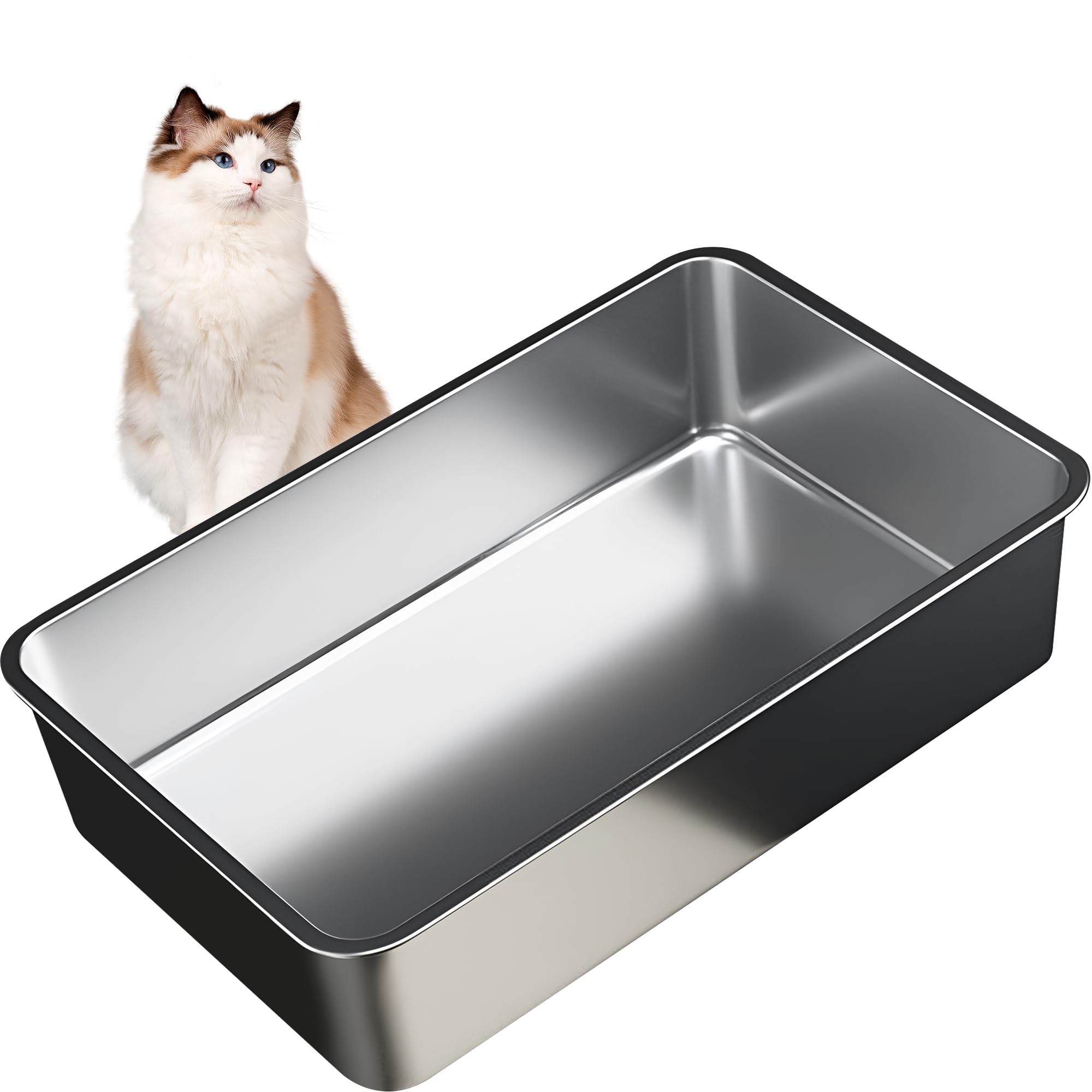 Vealind Caja de Arena para Gatos de Acero Inoxidable Grande, 45 x 35 x 15 cm, Superficie Antiadherente, Fácil de Limpiar, Parte Superior Abierta para Gatos