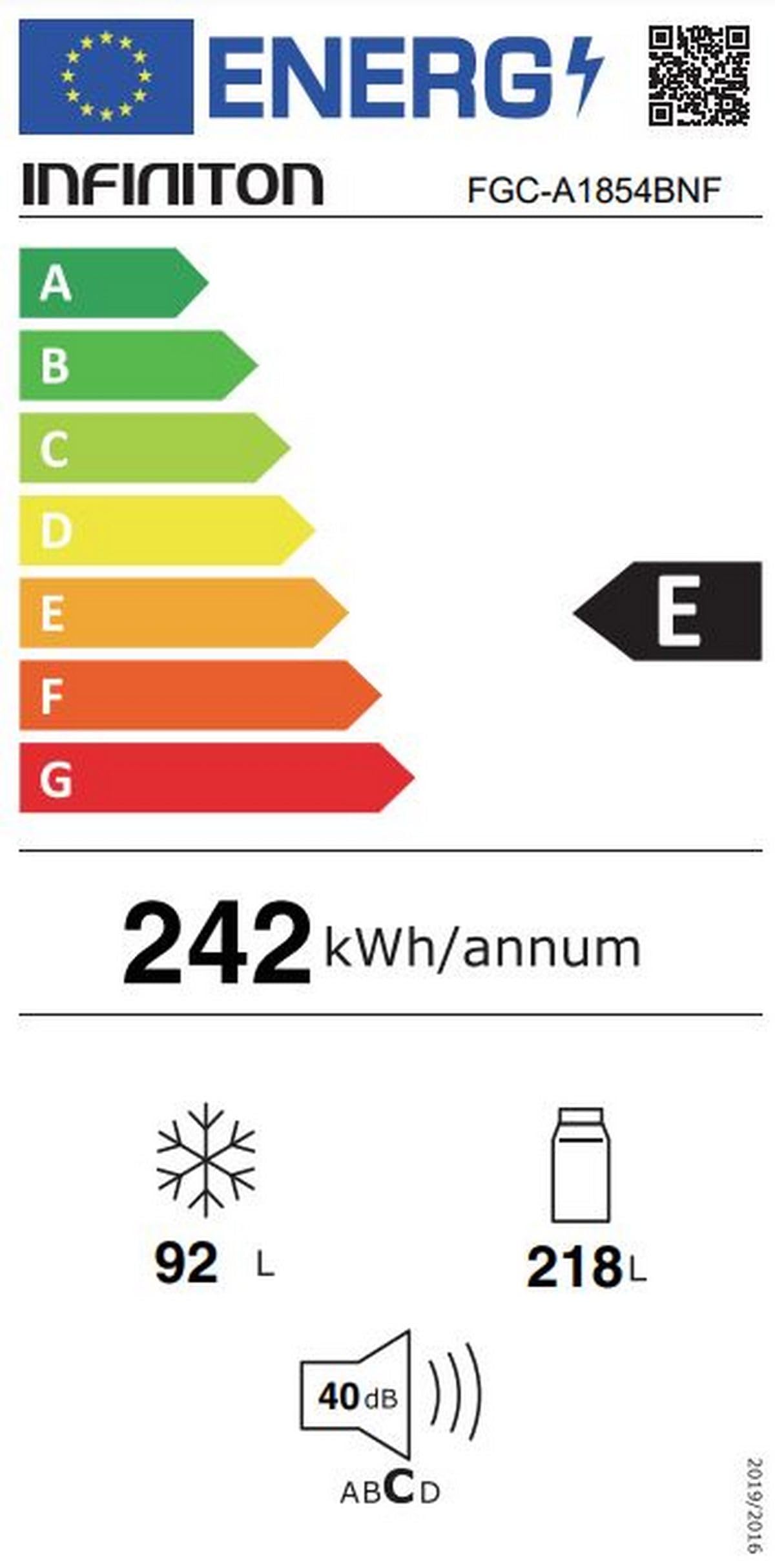INFINITON Frigorifico Combi FGC-A1854BNF, 310 Litros, 185 cm de Altura, Tecnología No Frost Total, Iluminación LED interior, Control de temperatura mecánico Bi-zona, E, Blanco