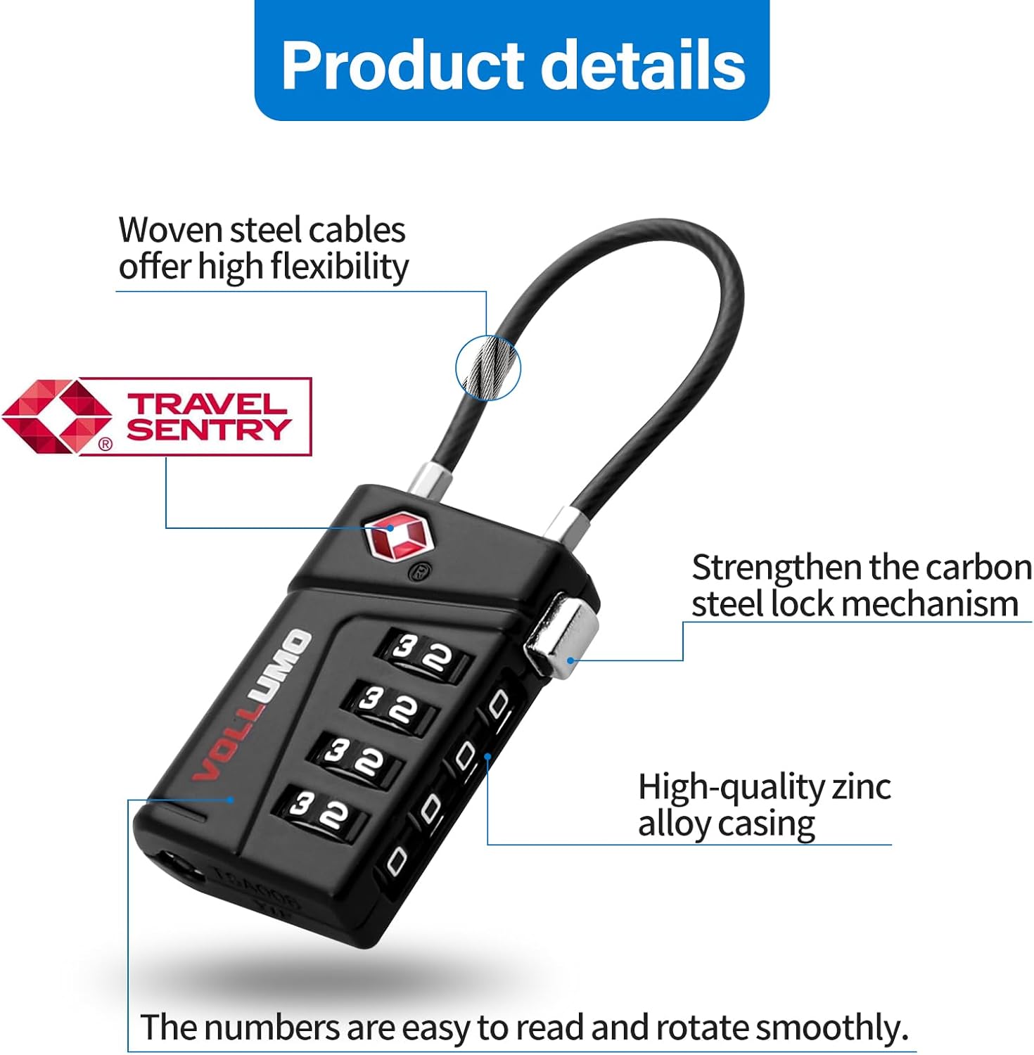 TSA Approved Luggage Lock, 4-Digit Combination, Black Cable Padlock for Travel Suitcase (Black（2-Pack）)