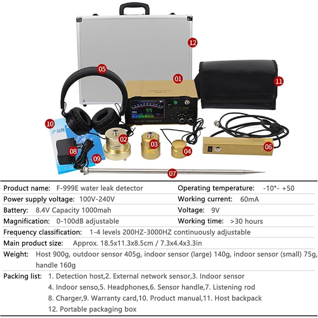 Sensor detector de fugas de agua, equipo de detección de fugas subterráneo con auriculares y pantalla LCD multifrecuencia ajustable