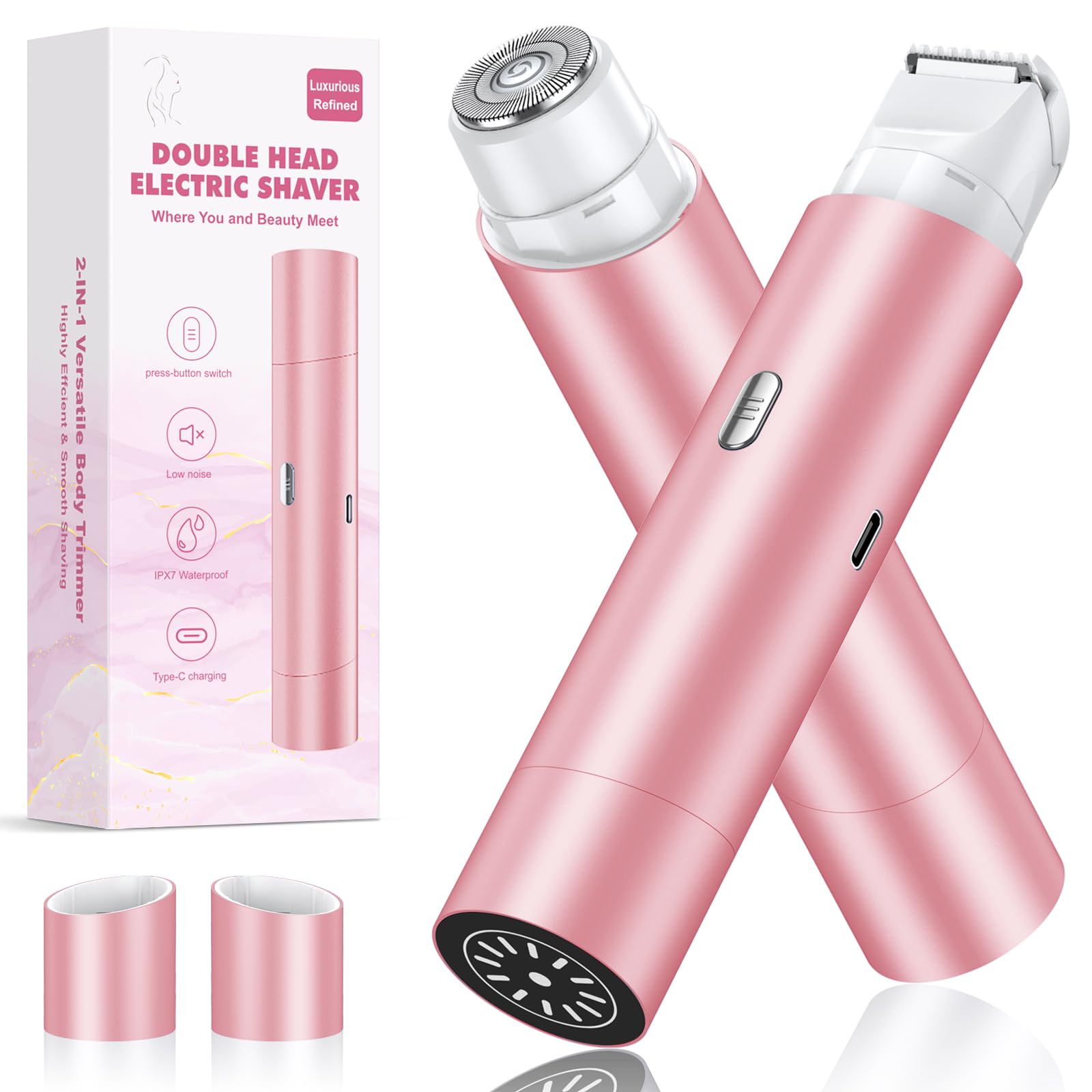 Bikini Trimmer for Women, Dual Head Face Shaver Body Hair Trimmmer, IPX7 Waterproof Womens Electric Razor for Legs, Light Pink