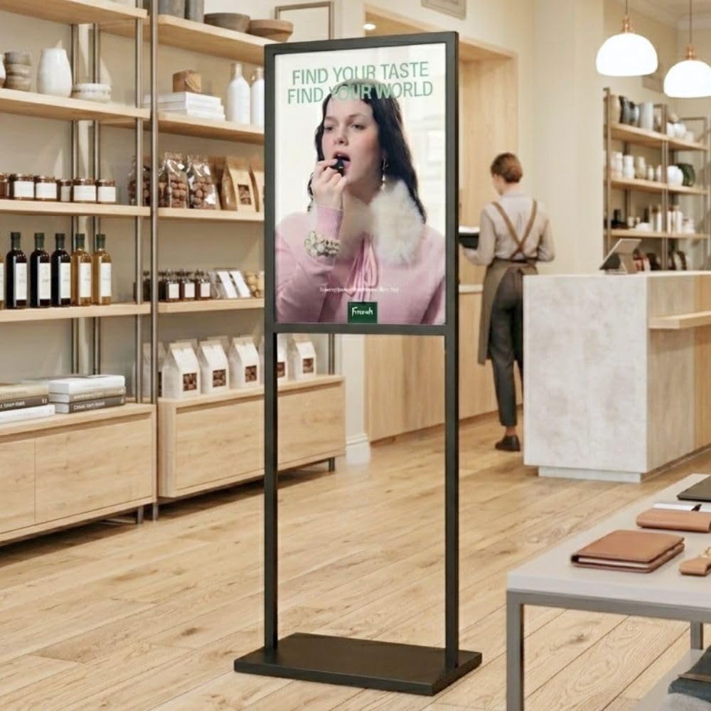 Displaysense Black 1-Tier A1 Double Sided Steel Floor Standing Info-board Poster Display Stand - 656mm Wide x 1595mm High.