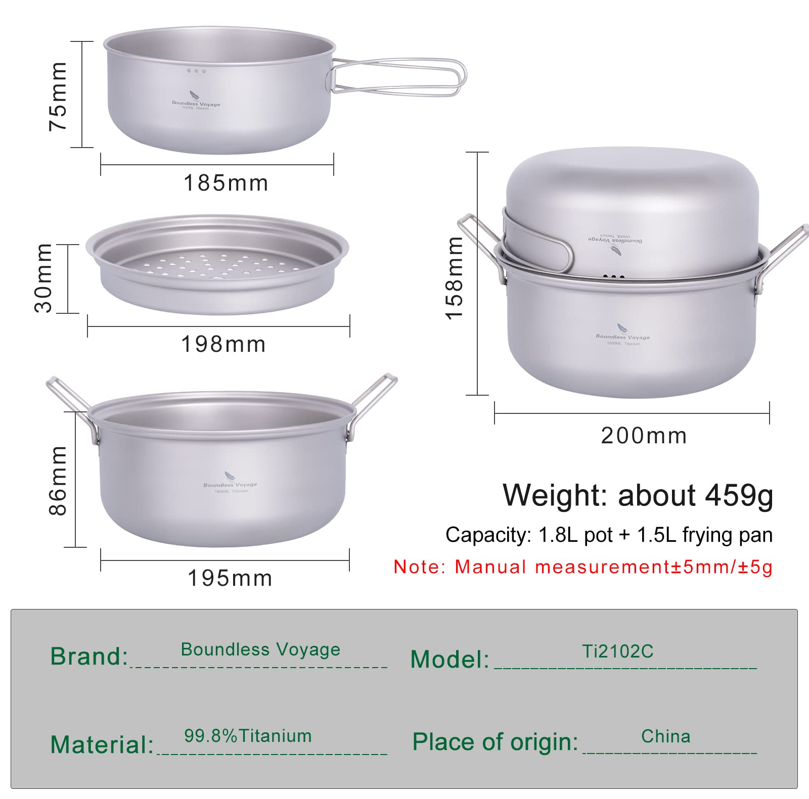 iBasingo Camping Kochen Dampfgartopf Titan Stockpot Bratpfanne Set Outdoor Reise Koch Geschirr Ultraleichte Suppen Topf Pfanne Tragbares Wander Picknick Mess Kit mit Klappgriff