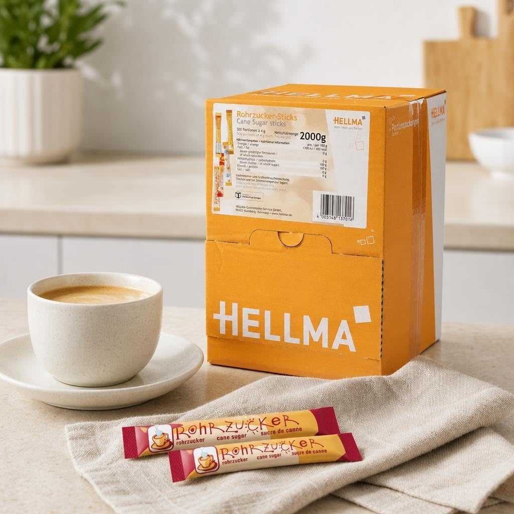 HELLMA Sticks de sucre de canne, dans pr‚sentoir emballage unitaire contenu: 500 piŠces de 4 g (40013701/ 60000084)