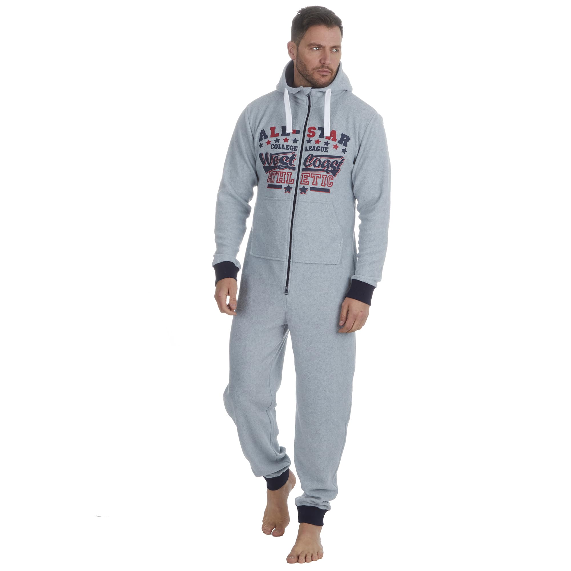 Mens Luxury Fleece Onezee Hooded Zipped All in One Pyjamas Jumpsuit