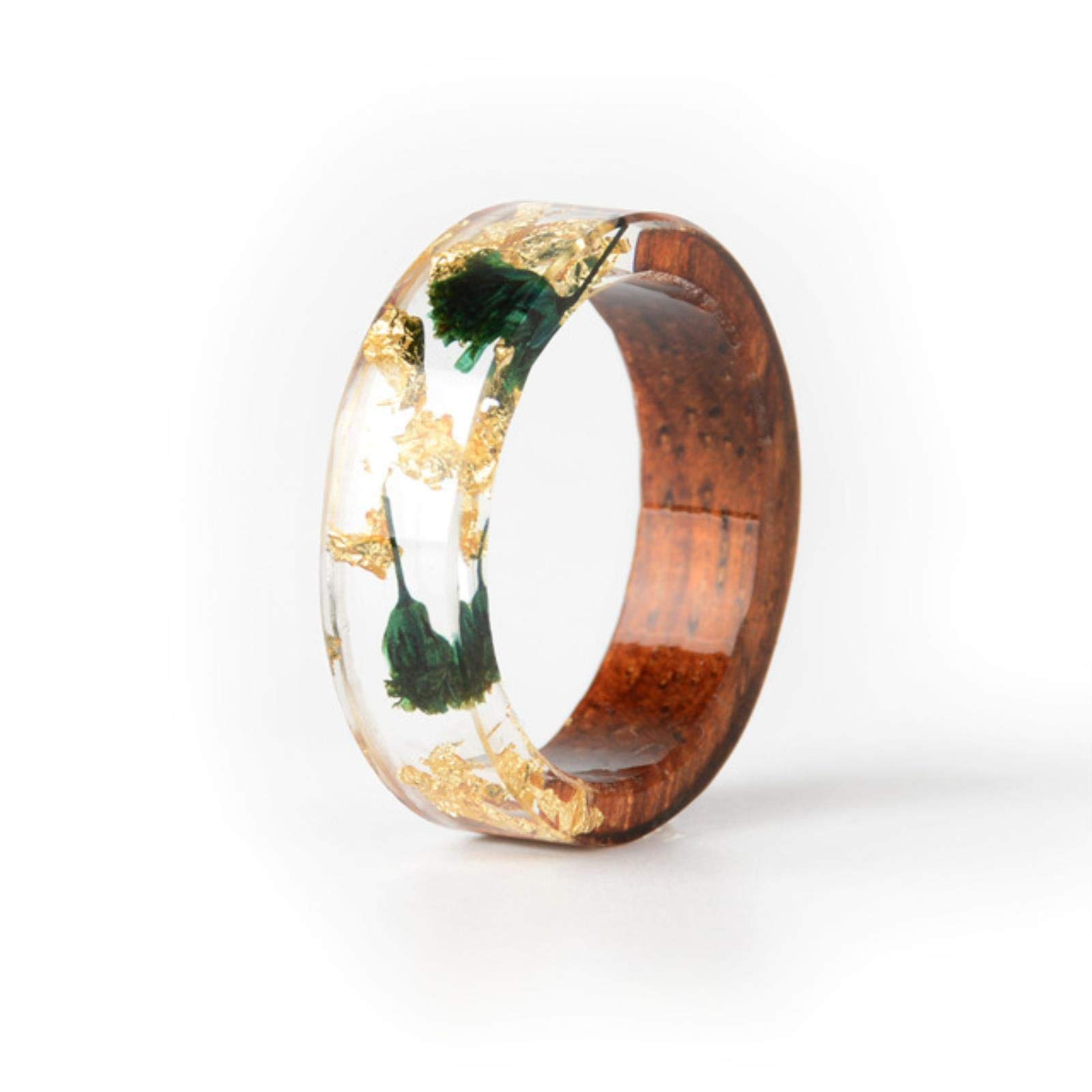 AQUALITYS Handmade Wood Resin Ring Dried Flowers Plants Inside Jewelry Resin Ring Transparent Anniversary Ring for Women
