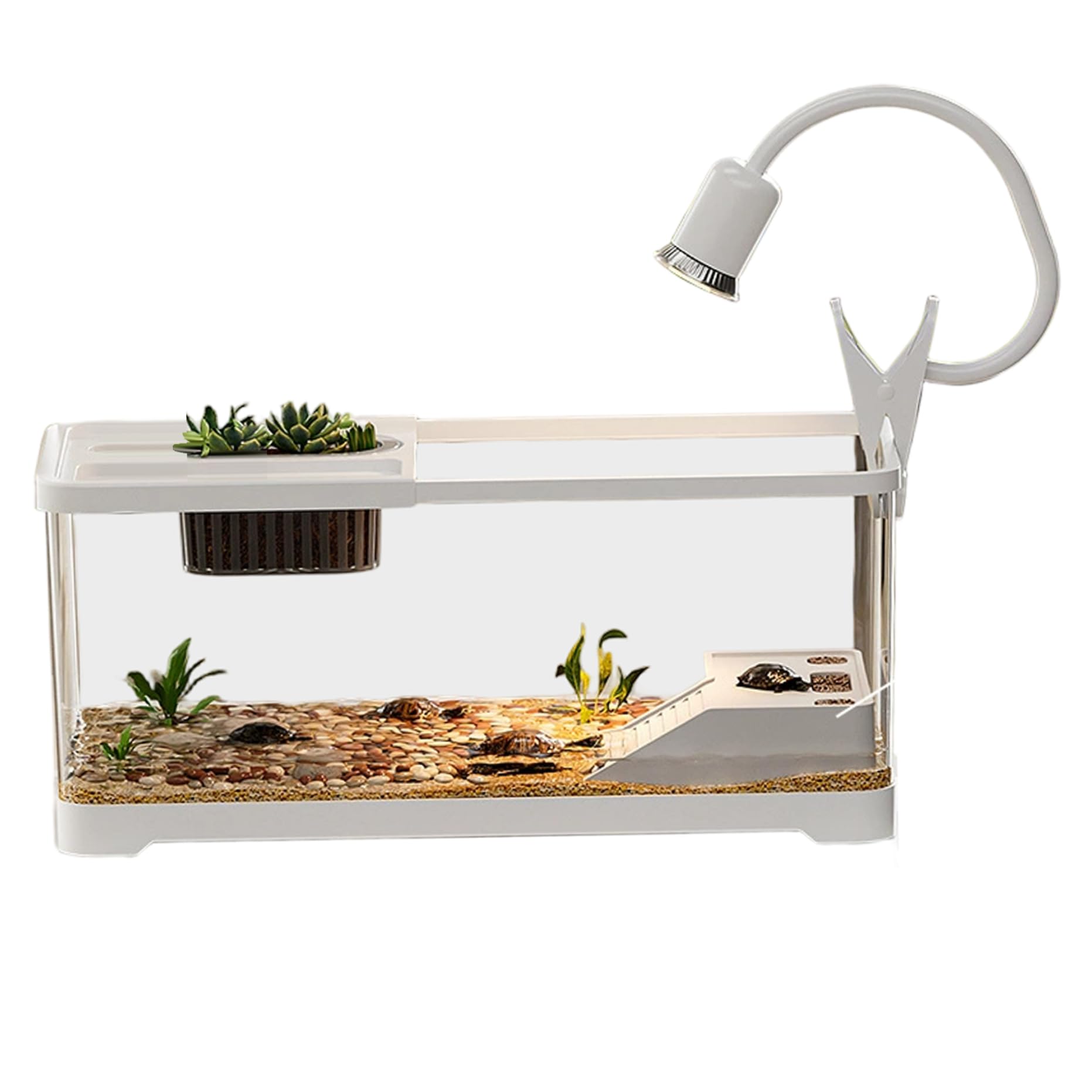 Acuario de Tortugas, pecera de plástico Transparente de 15 x 8 x 8 Pulgadas, Kit de hábitat para Tanque de Tortugas con Plataformas de Escalada y luz para y Animales acuáticos